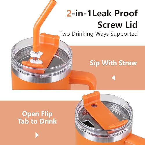 Miniatura 3 de Vasos aislados de 40 onzas con asa, tapa abatible y pajilla, acero inoxidable de triple pared al vacío, taza de viaje aislada moderna para