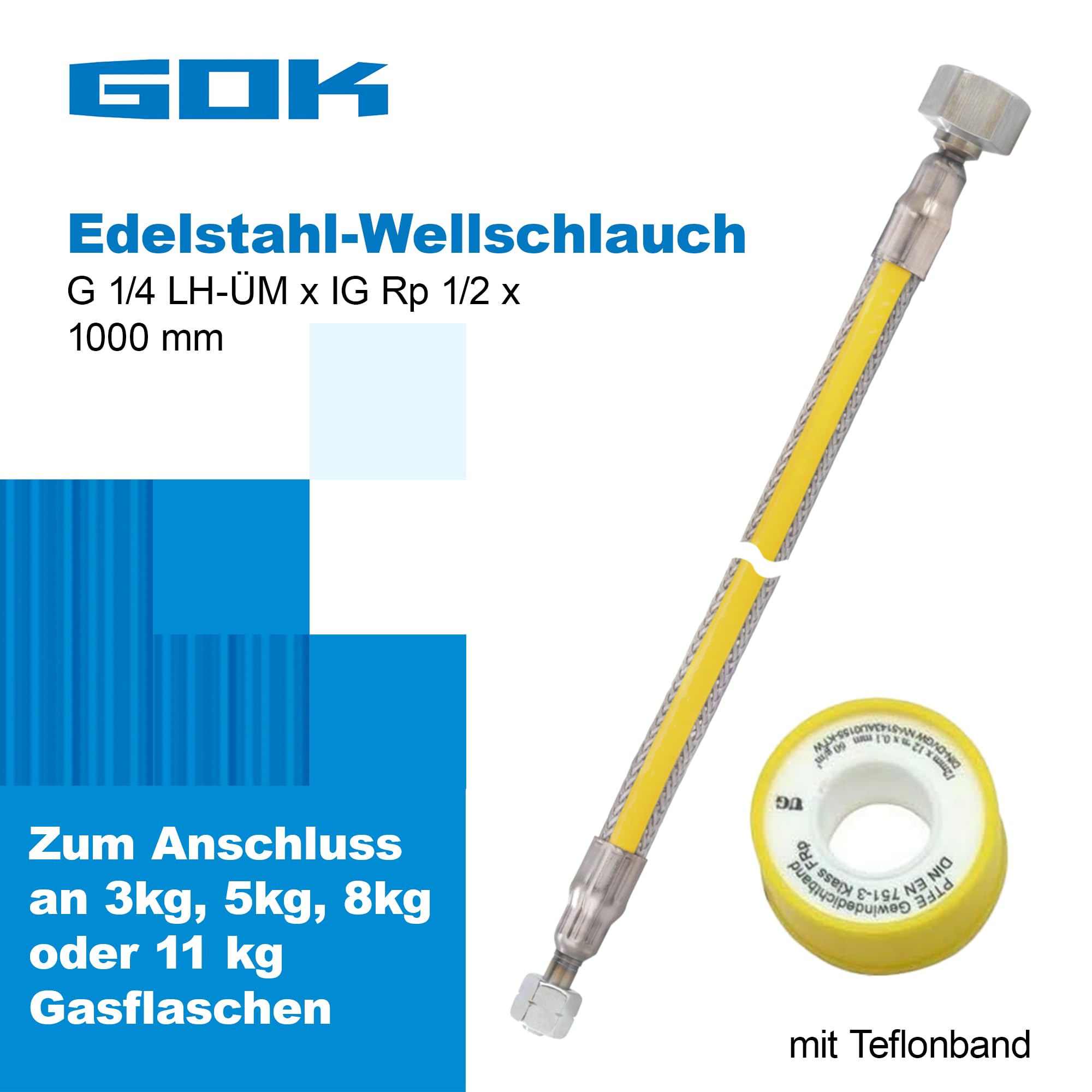 GOK Anschlussset Pro, Set aus Gasdruckminderer, Gasanschlussschlauch 1m und Abdichtungsband, für den direkten Anschluss von Geräten an die Gasflasche, Betriebsdruck:50 mbar