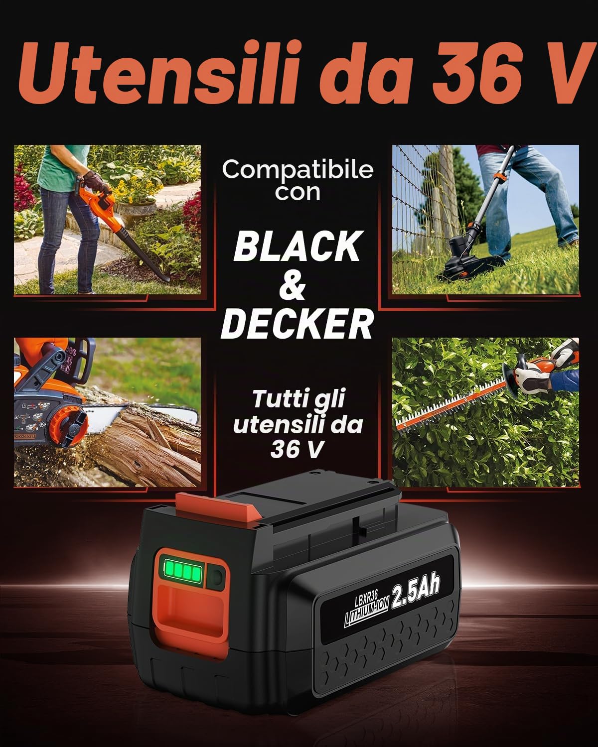 Batteria da 36 V 2500 mAh per Black e Decker, Powtree LBXR36 per batterie Black Decker 36 V BL20362 BL2536 LBXR36 LBX1540 LBX2540 LBX2040 LBX36 per elettroutensili a batteria
