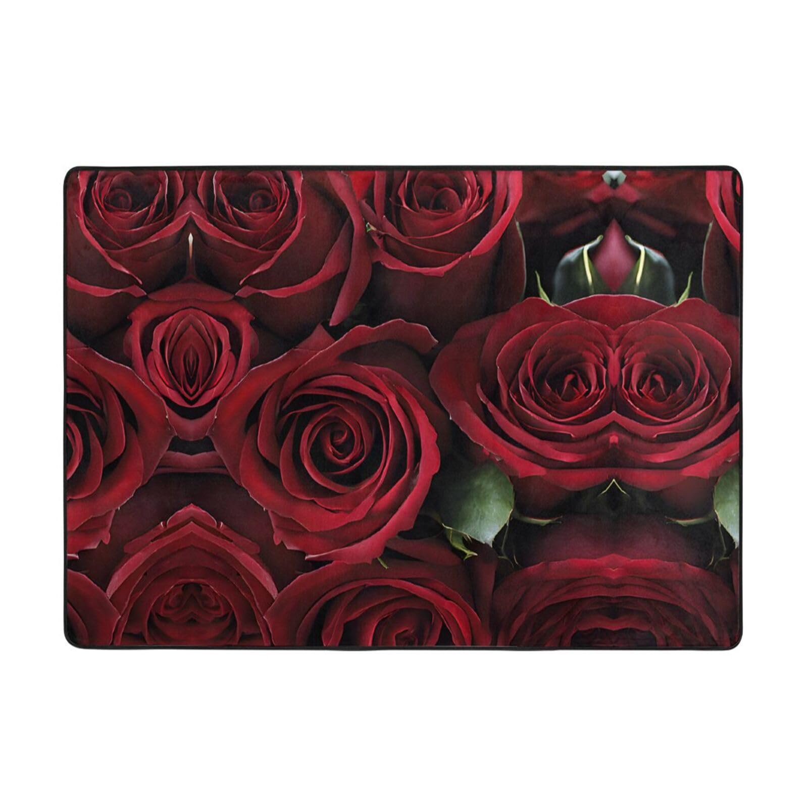 Red and Black Rose Print Living Room Anti Slip and Absorbent Carpet, Indoor Bedroom Bed Floor Mat, Ultra Soft Washable Carpet 80x58 in