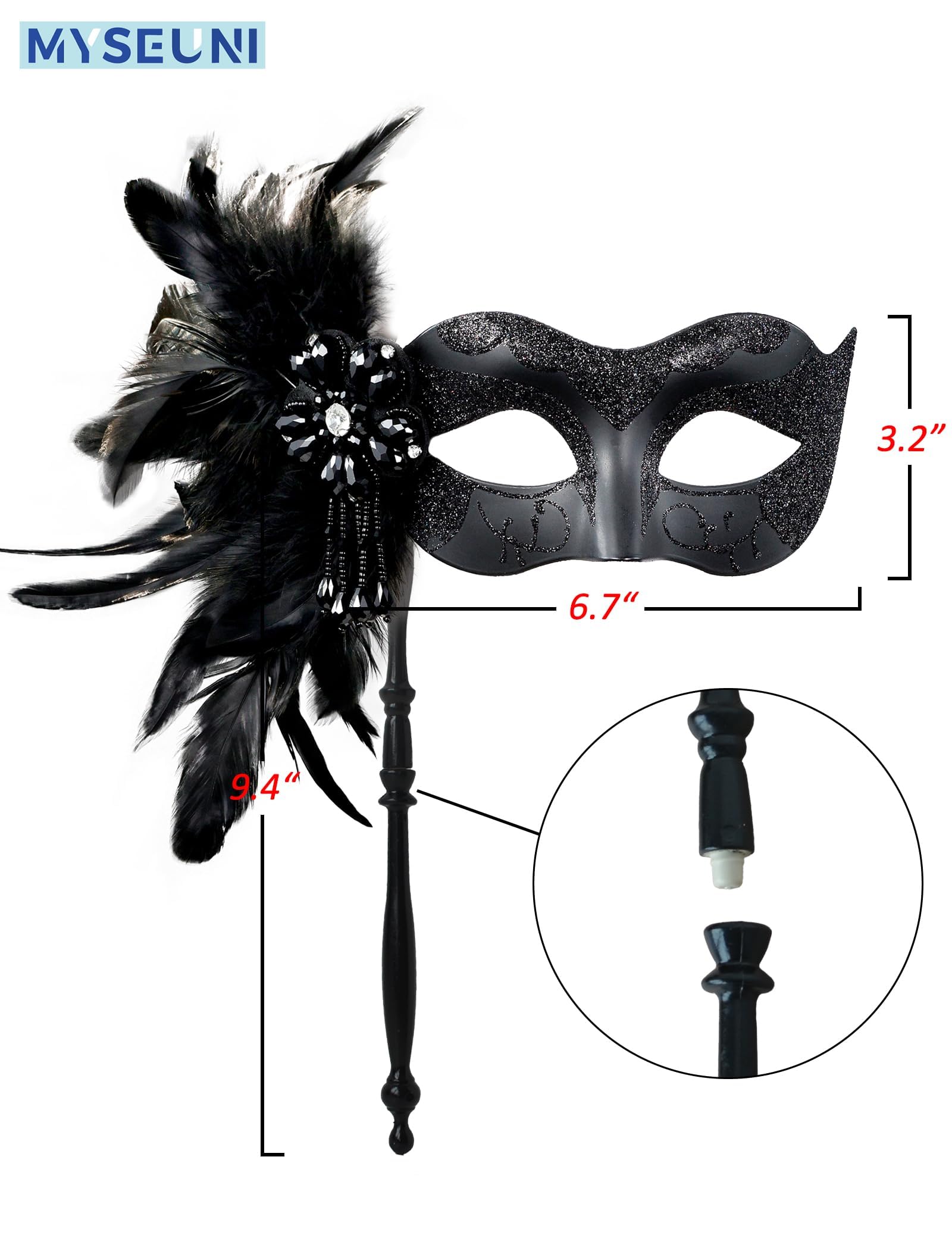 MYSEUNI 2025 New Black Masquerade Mask with Stick - Image 2