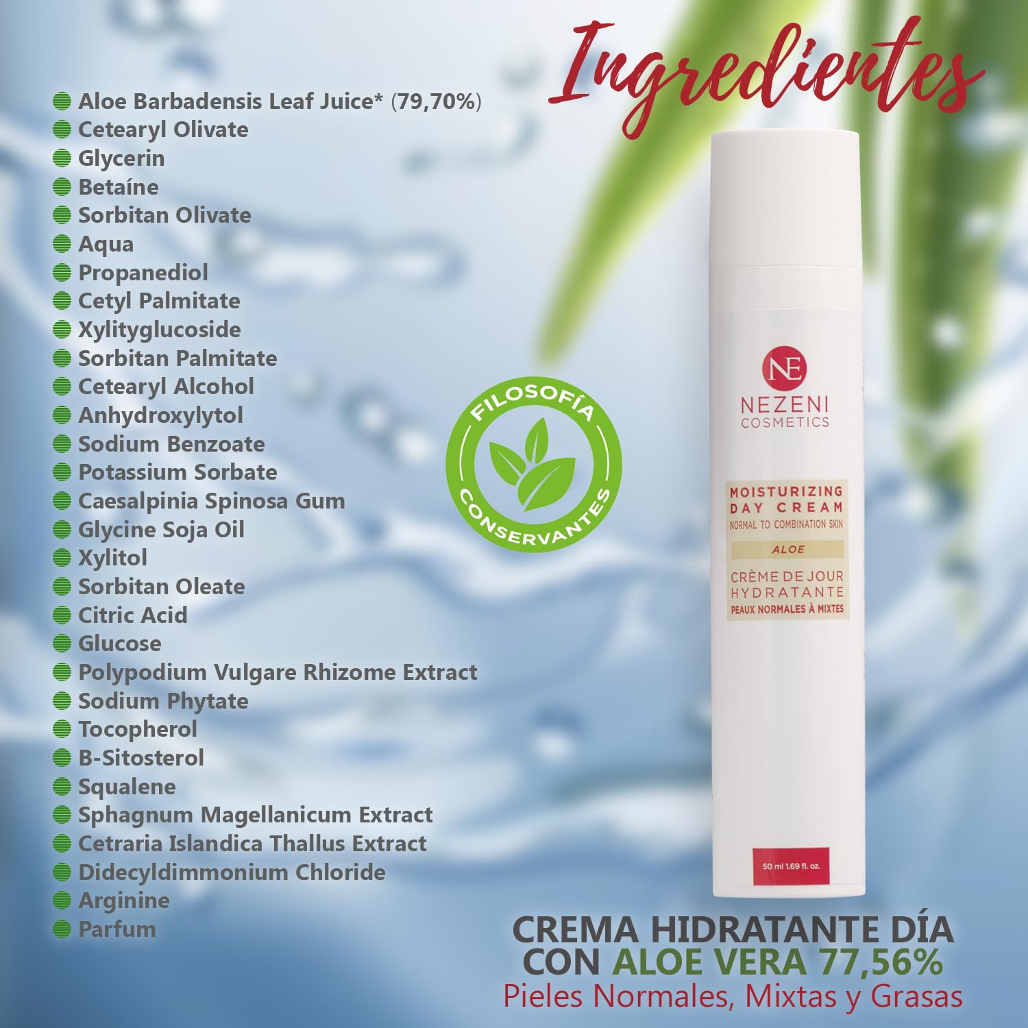 Nezeni Crema Hidratante Facial Aloe Vera 77,56% | 17 Principios Activos | Aumenta Elasticidad de la Piel | Crema Facial Día Para Piel Normal, Grasa y Mixta BAJA EN CONSERVANTES