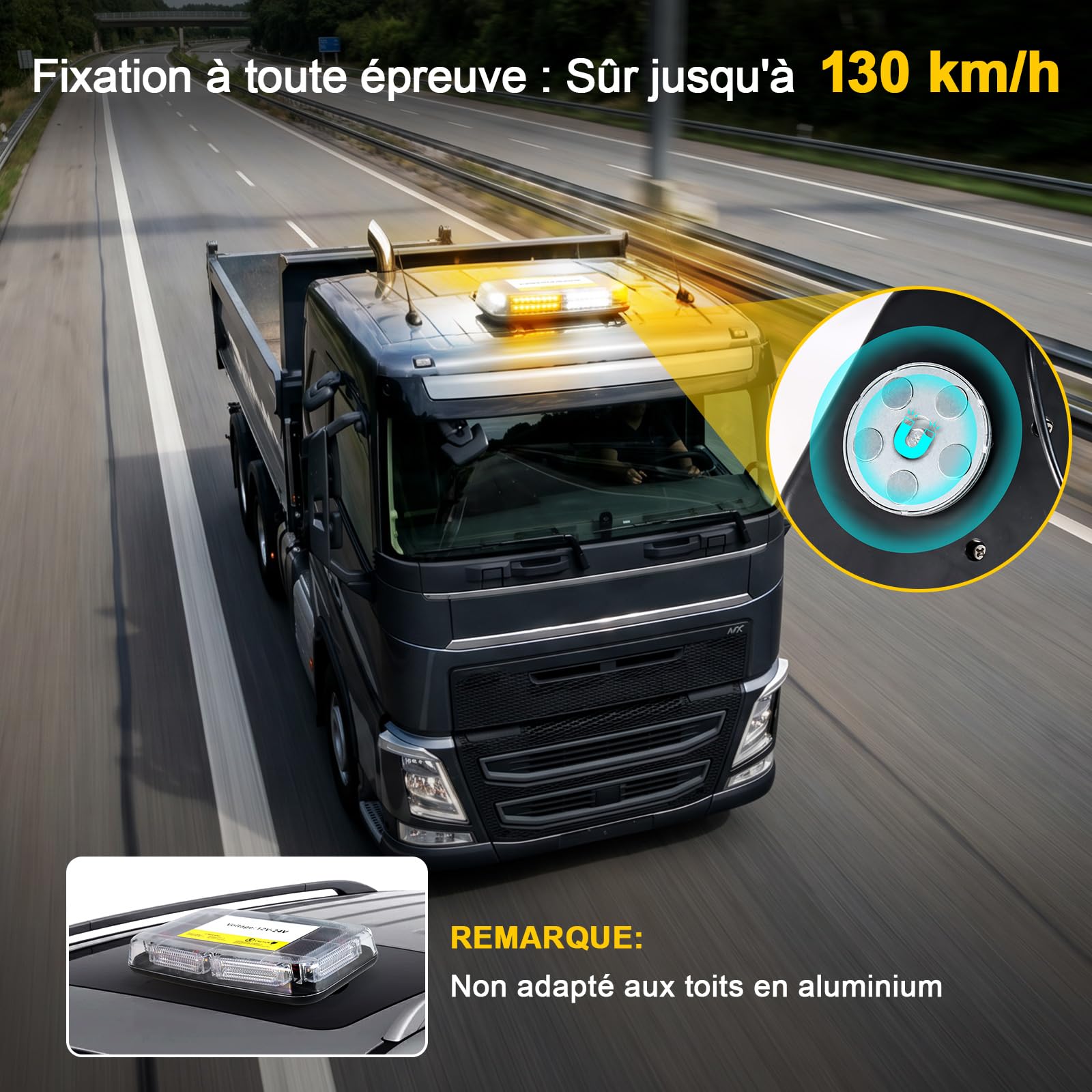 Rampe LED Gyrophare Magnétique 90 LED Jaune Blanc 12V/24V IP65
