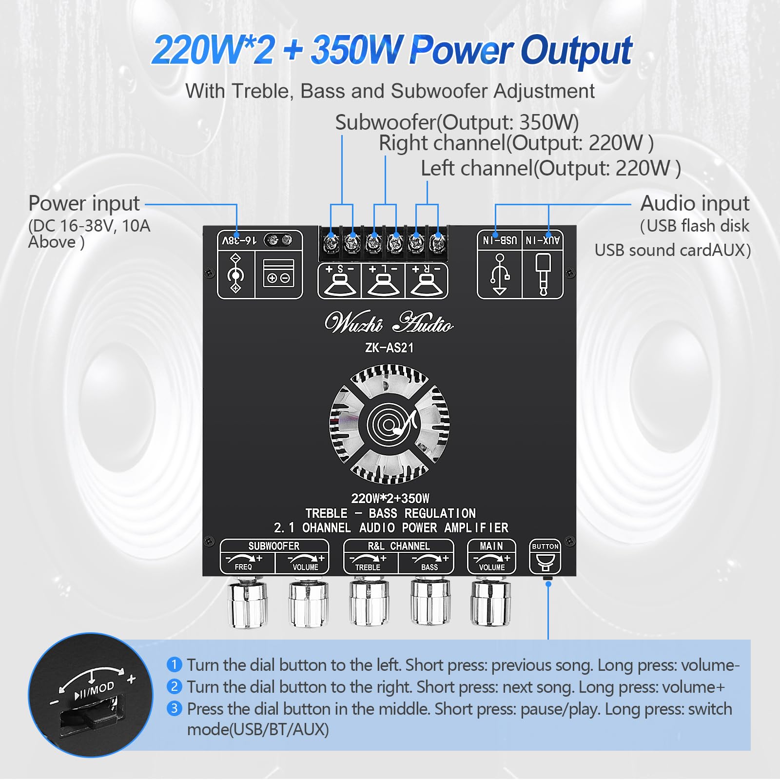 Bluetooth 5.1 Audio Amplifier Board, ZK-AS21 2.1 CH 160W x 2 +