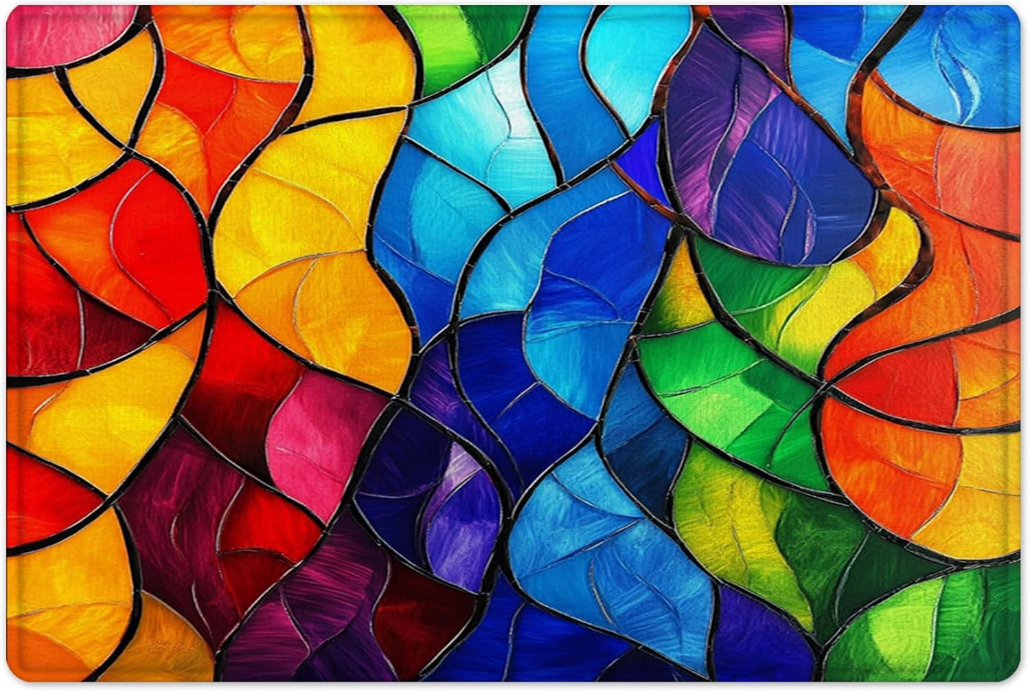 Colorful Stained Glass Shower Curtain Sets with Rugs, Red Yellow and Blue Rainbow Leaf Shower Curtain with Hooks, Vintage Stain Glass Bathroom Decorations, 70W X 70L inches