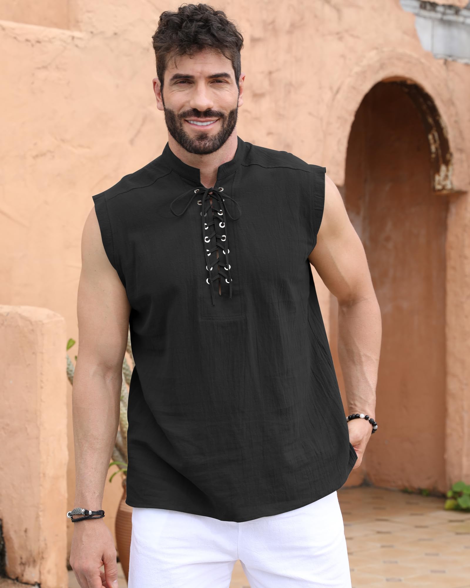 NANAMEEI Chemise Medievale Homme sans Manches en Lin et Coton Costume Pirate Vintage Col Mao Tunique Lacet Viking