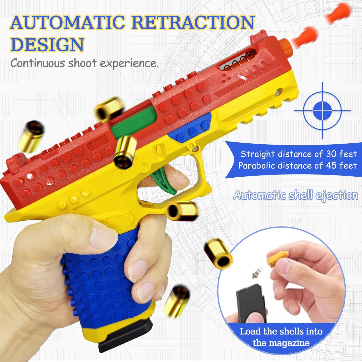 DIY Building Block Toy Gun Blaster, Shell Ejecting Toy Gun, Automatic Pull Back Action Shooting Games Education Model Toy Pistol for Kids Gifts