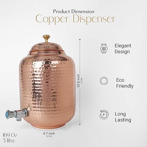 Miniatura 2 de Dispensador de agua de 2.11 galones8 litros, dispensador de agua de bebida con 2 piezas de vidrio de cobre y botella de agua martillado a mano 100%