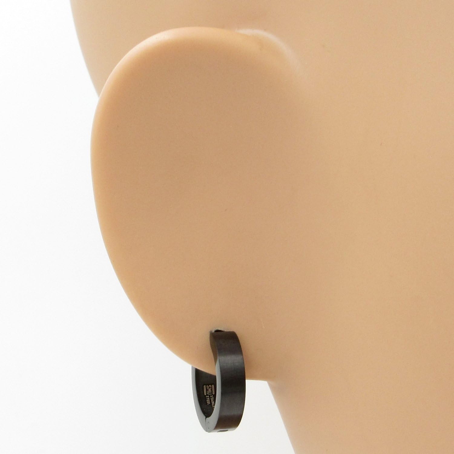 Pair Stainless Steel Hoop Huggy Earrings Black Silver-tone 16mm - Image 2