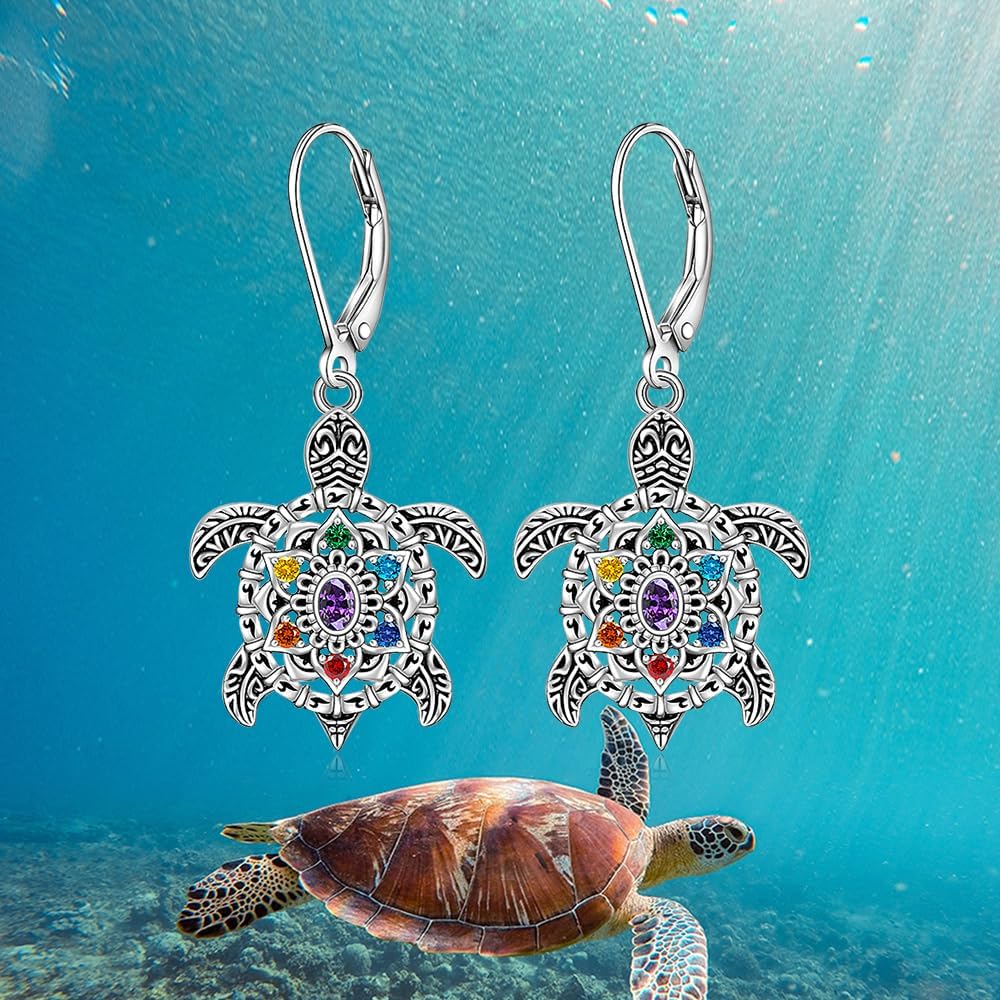 Turtle Earrings for Women 925 Sterling Silver Chakra Lotus Flower Sea Turtle Earrings Gifts for Ocean Lovers, Friends, Mom Animal Dangle Earrings for Women