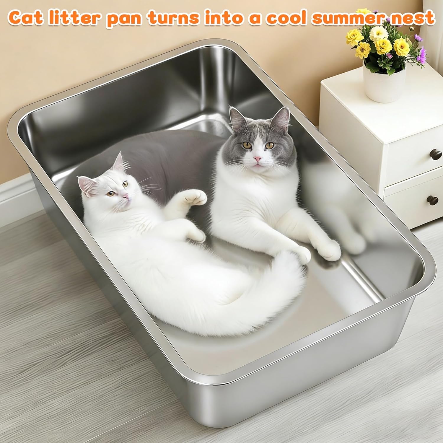 XXL Stainless Steel Litter Box With Litter Mat and Litter Scoop , Extra Large 25.98"L*18.5"W*15.35"H Cat Litter Boxs, Jumbo Enclosed Removable Litter Box High Sides For Big Cats, Easy to Clean（Gray）