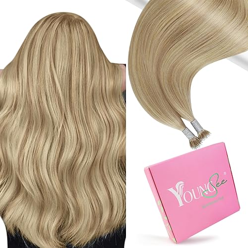 YoungSee 24inch Nano Ring Hair Extensions Human Hair Dark Ash Brown Highlights Golden Blonde Real Human Hair Long Straight Nano Blonde Hair Extension Adding Length Pre Bonded Hair 50g 50s