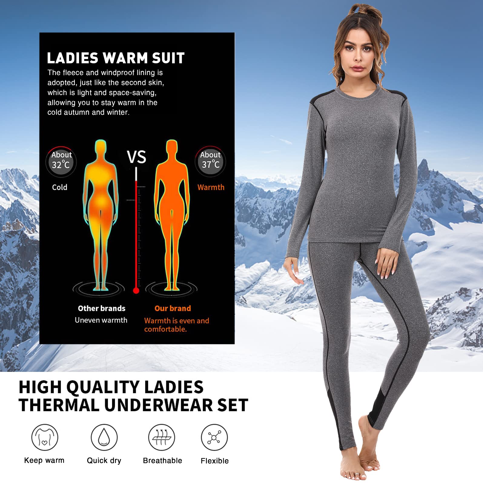 Sykooria Ensemble Thermiques de Sport Femme sous-vêtements Chaud Ski Séchage Rapide Respirant Base Layer Set
