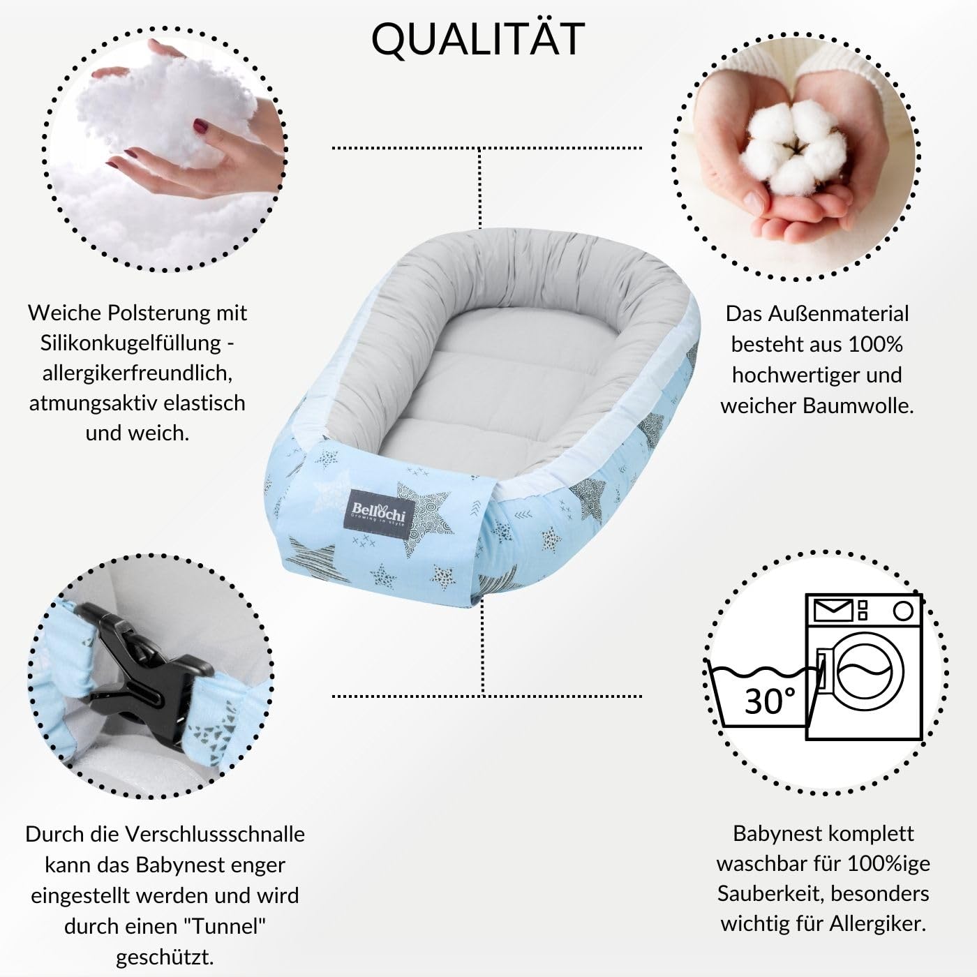 Bellochi Growing in style Premium Babynestchen Neugeborene - Nestchen Baby 90x60x12cm - 100% Baumwolle - Baby Nest, Baby Nestchen Junge, Baby Nestchen Mädchen, Baby Zubehör - Rigel Star