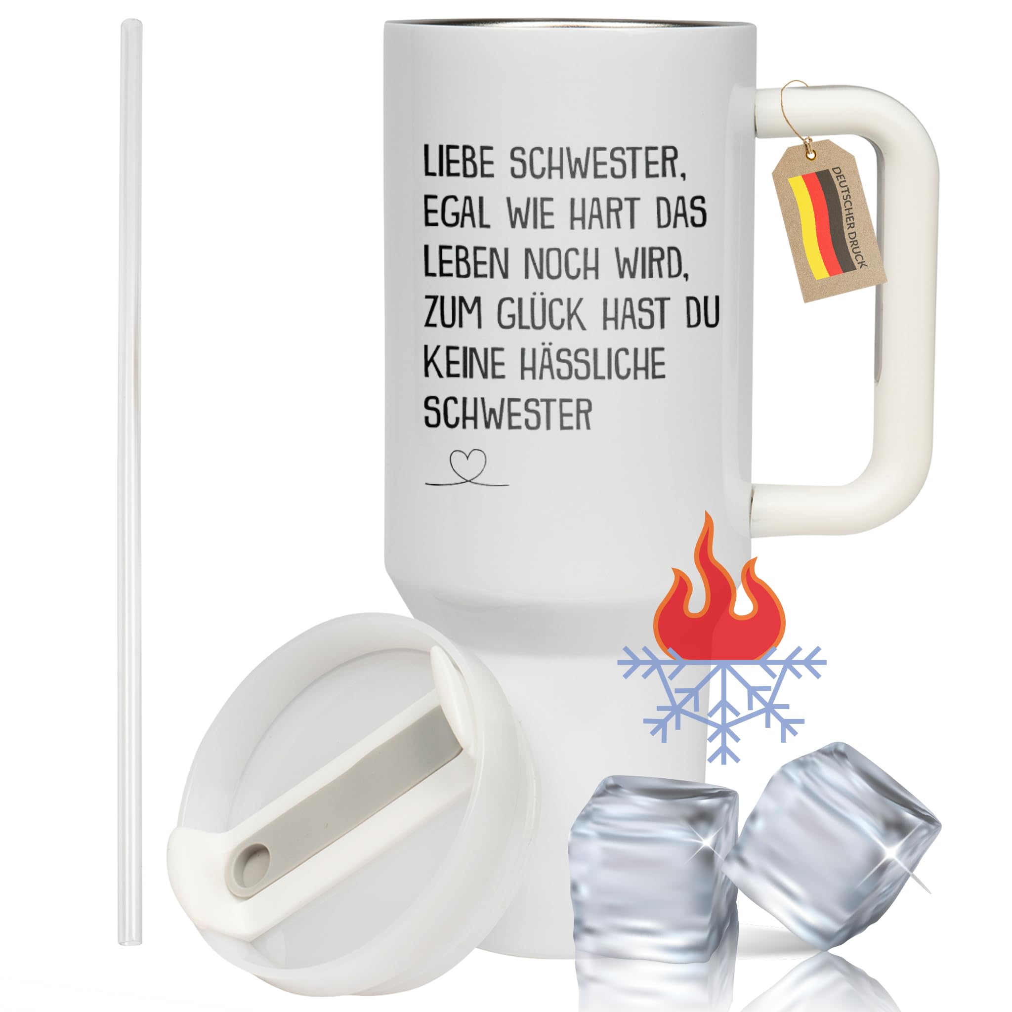 XXL Thermobecher für die Schwester – Lustiges Geschenk zum Geburtstag & Weihnachten – Edelstahl Trinkflasche, Weiß mit Spruch Keine hässliche Schwester (WIEDERVERWENDBAR)