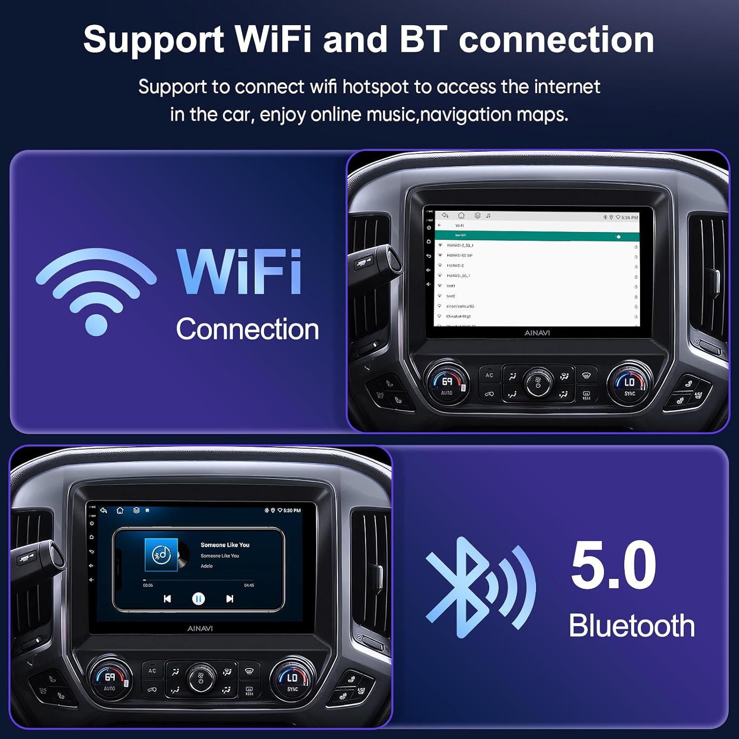 Image showing the car stereo with WiFi connection and Bluetooth 5.0 icons, indicating connectivity features.