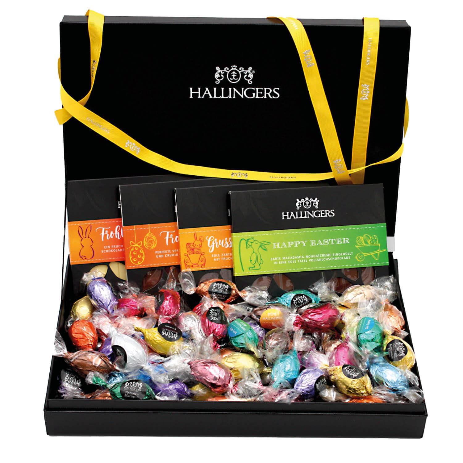 Hallingers Genuss Manufaktur Feinkost Oster-Geschenk-Set - XXL-Geschenkkorb "Easter Box yellow" großes Osternest 4 Schokoladen-Tafeln & 60 Pralinen-Ostereier, Ostern Körbchen für Frauen Männer