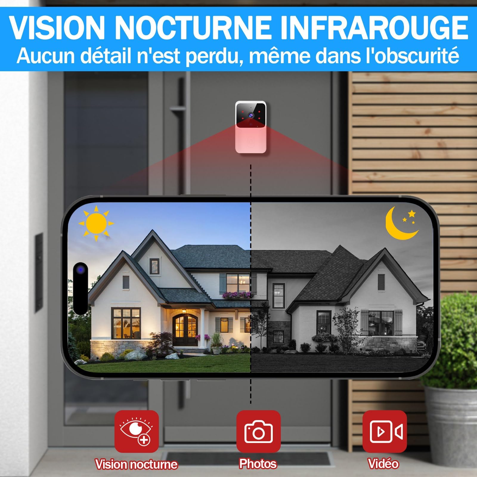 Générique Sonnette sans Fil avec Caméra 1080P HD, Sonnette Vidéo Extérieure Étanche IP, Surveillance avec Vision Nocturne, Sonnette de Sécurité Intelligente pour Maison
