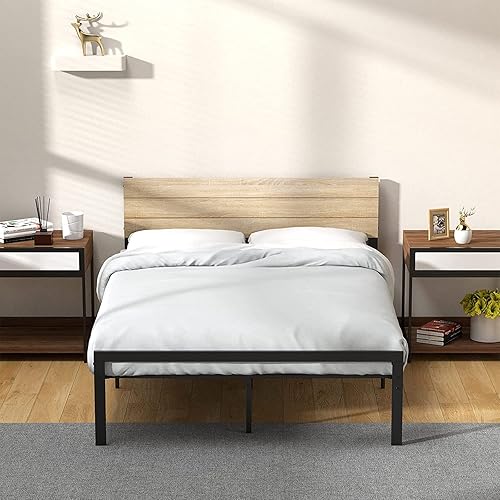 Miniatura 1 de Fancihabor Base de cama tamaño Queen con cabecera de madera plataforma de soporte de listones de metal con almacenamiento no necesita somier Queen