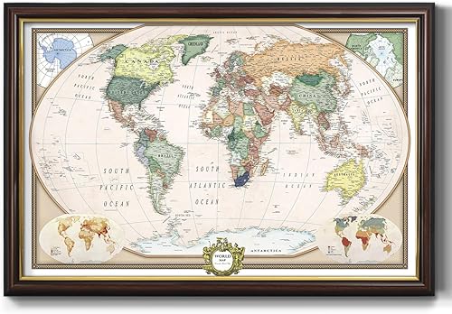 Miniatura 12 de Renditions Gallery - Lienzo artístico del mapa del mundo colorido con marco de nogal, arte de pared para viajes con pines de empuje para el hogar,