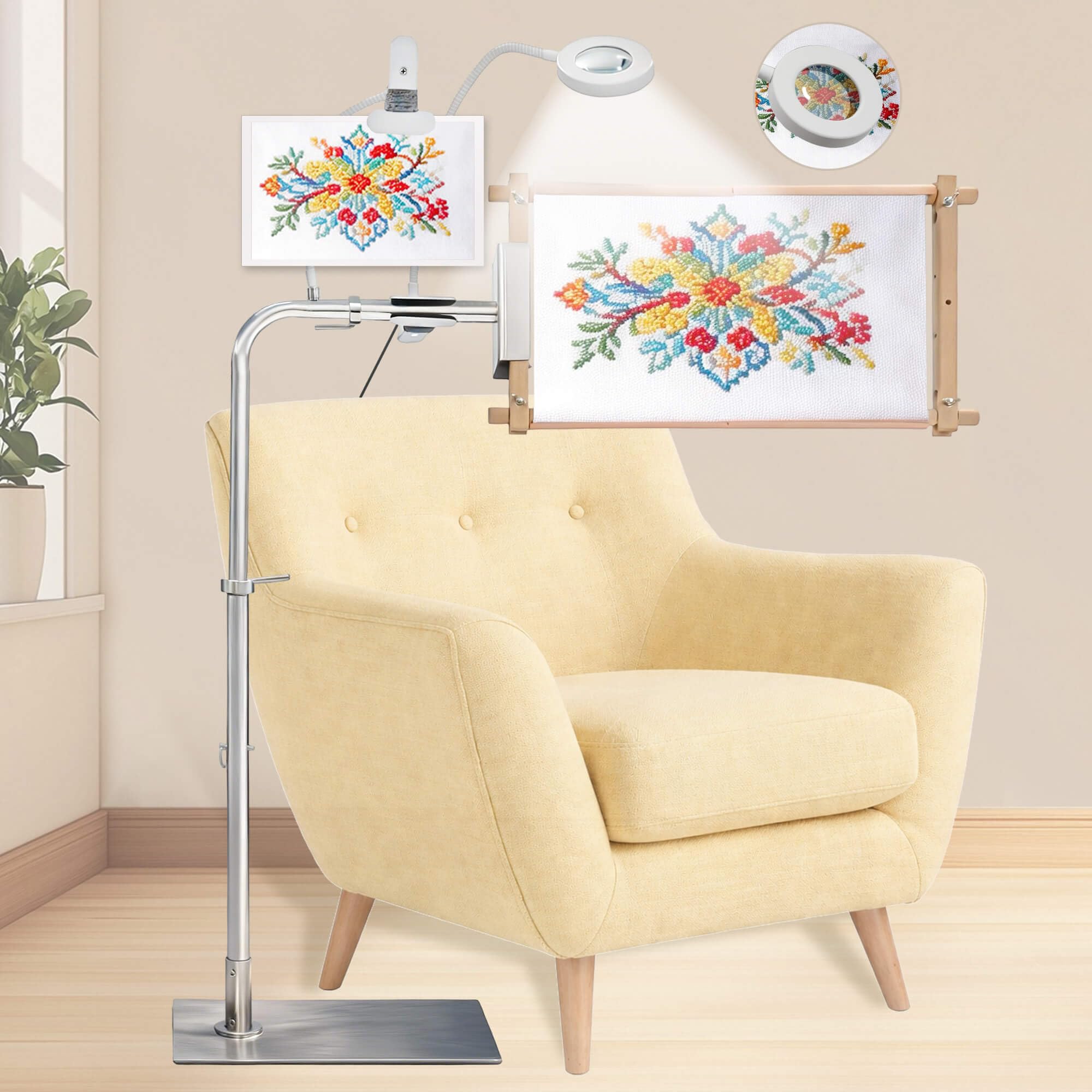 Soporte de punto de aguja, soporte de bordado ajustable y soporte de piso de punto de cruz con lupa iluminada, soporte de marco de metal resistente para aros, varillas Q-Snap y de