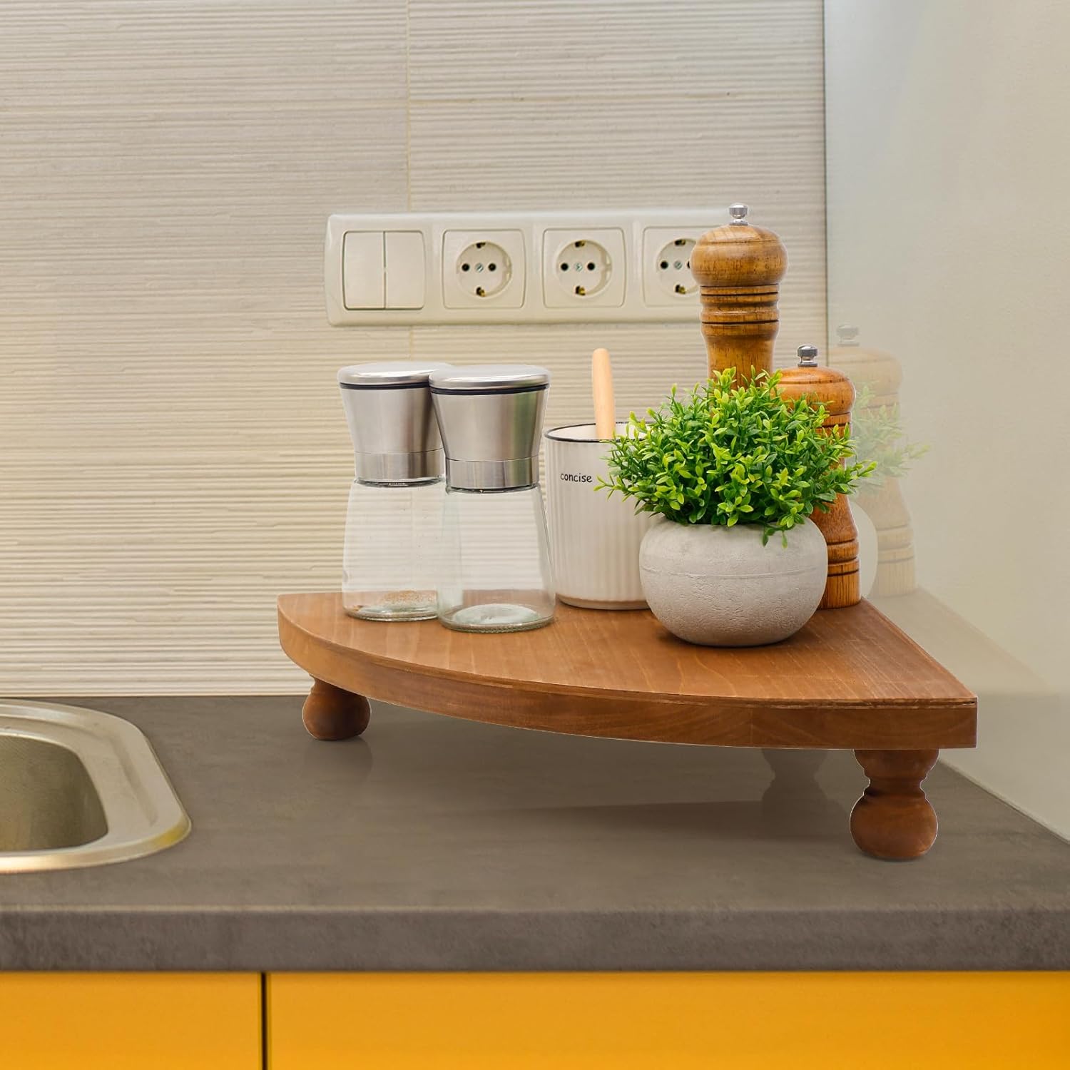 Corner Counter Wood Shelf, Rustic Pedestal Stand, Farmhouse Corner Shelves Stand, Tray Riser for Coffee Bar, Bathroom Countertop Organizer Corner, Centerpiece Display Riser for Kitchen (Wooden)
