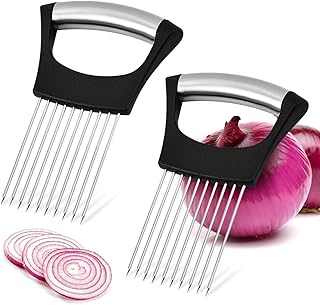 スライス用ステンレススチールオニオンホルダーセット | オニオンホルダースライサー 長い針10本付き | ポテトエッグ 野菜ホルダー スライス用 (2)