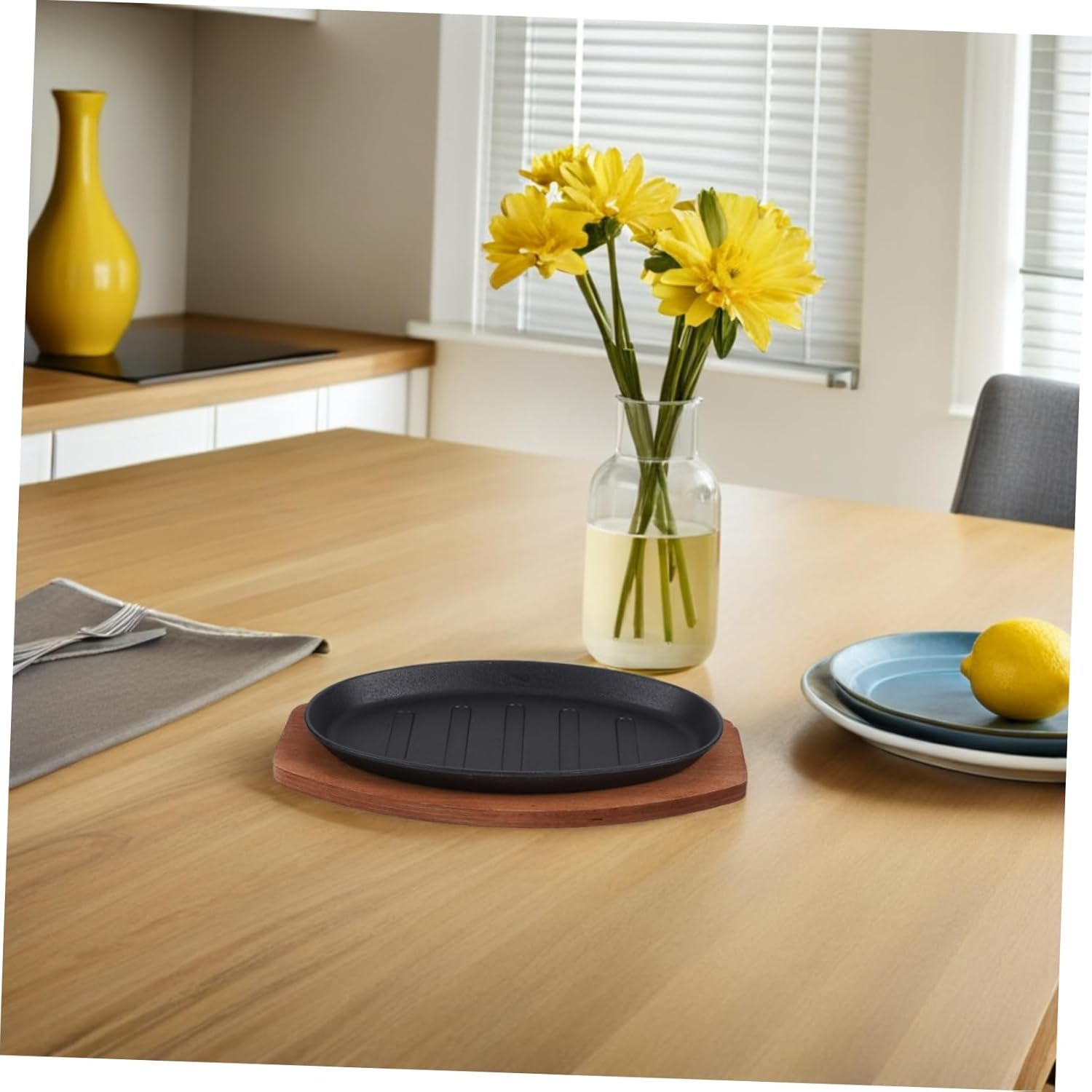 PRETYZOOM 1Set Cast Iron Steak Plate Teppanyaki Griddle for Indoor Cooking Non Stick Surface Sizzling Fajita Skillet for Grilling Meats Vegetables Seafood