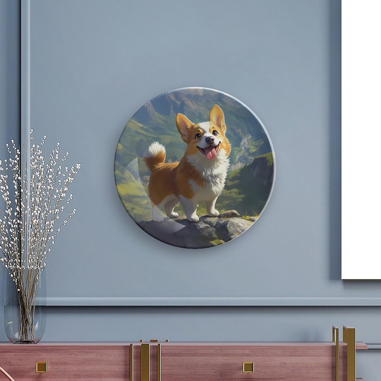 Corgi Dog Standing on Top of A Mountain Decorative Plates for Display Ceramic Plate Tray with Stand Hanger Home Decor