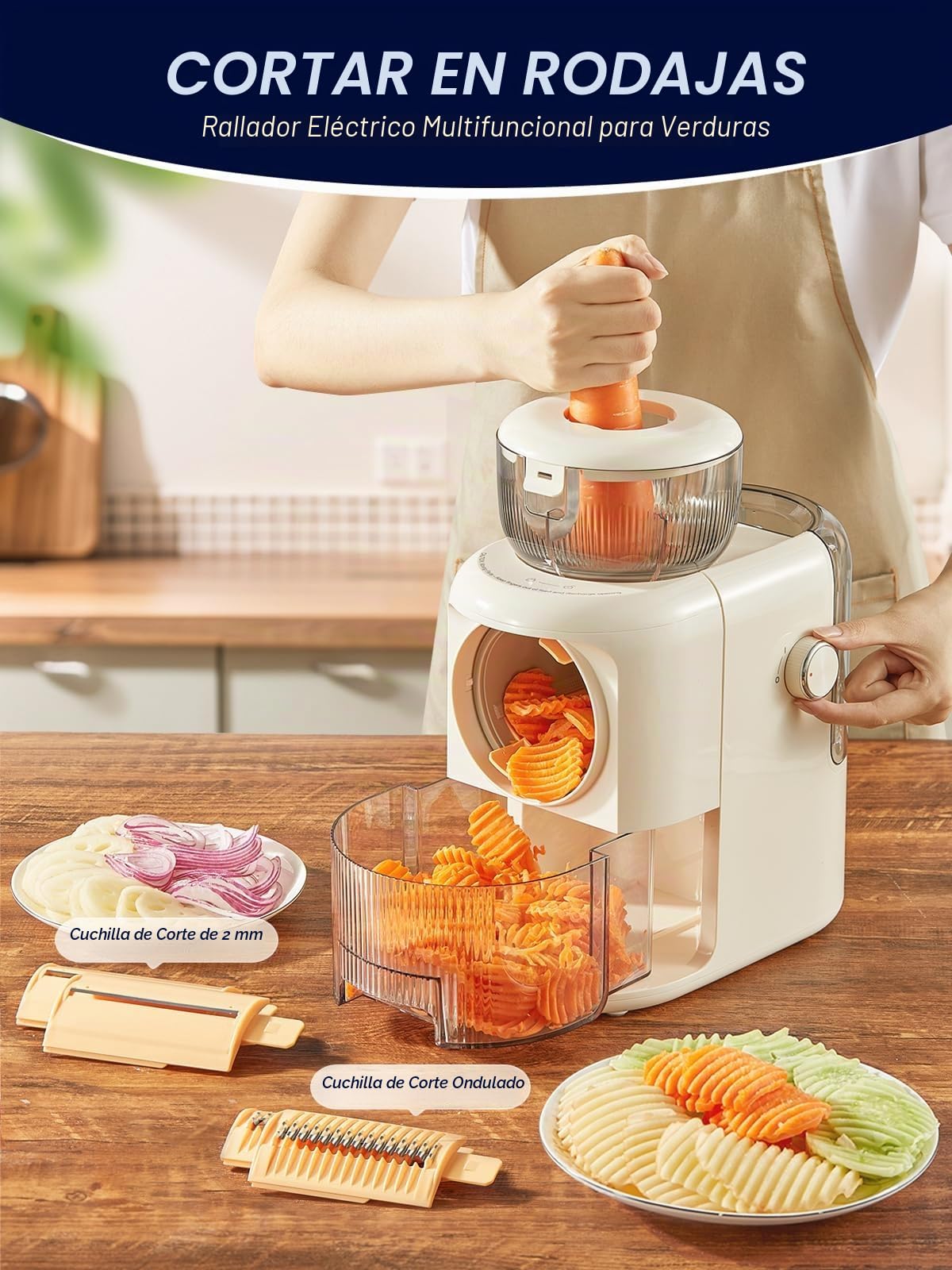 FOHERE Rallador eléctrico multifuncional, 6 cuchillas, 50 W, recipiente de 1,8 l, picadora para verduras, queso, cebollas, zanahorias, pepinos, blanco