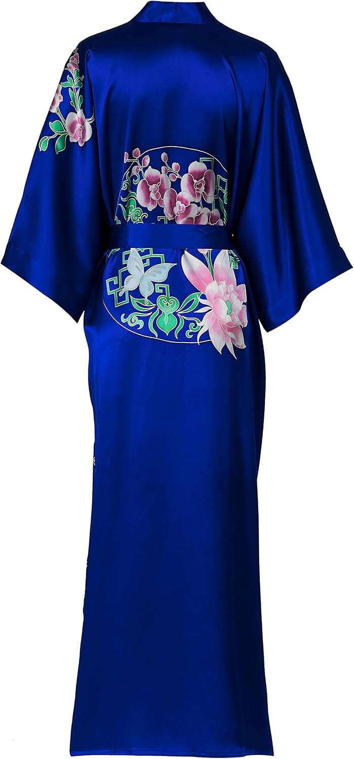 Silk Kimono Women's Long Robe Nightgown- Handpainted Sleepwear BlueRoyal