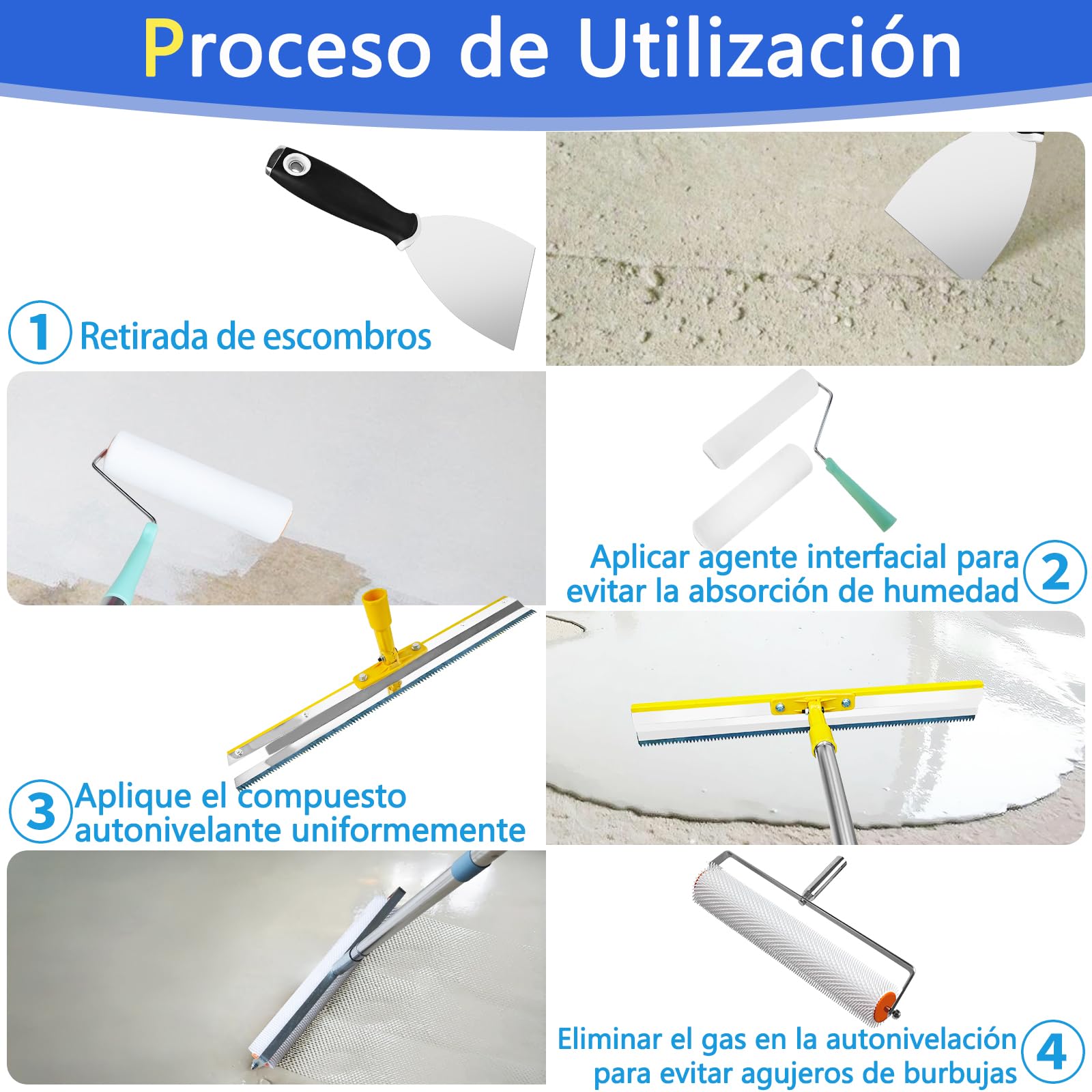 VKE kit de Herramientas de Autonivelación de Cemento, Rodillo de Púas Autonivelante 11mm, Varilla Mezcladora Taladro 40cm, Zapatos con Pinchos Para Cesped 30mm,Rascador de Acero,Palo Telescopico162cm