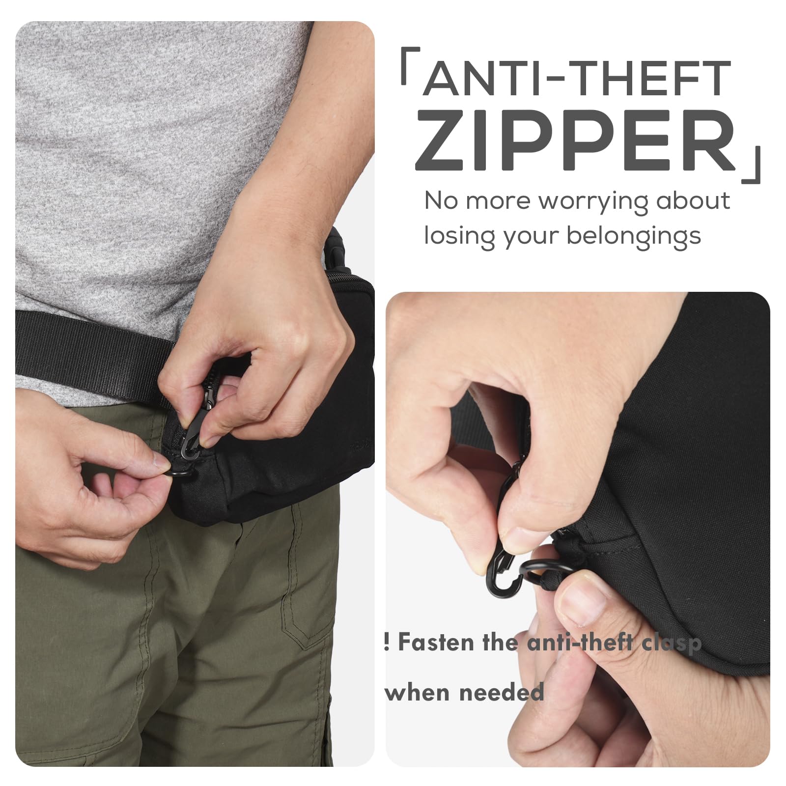 Cangurera negra antirrobo para mujeres de viaje, pequeña riñonera para hombre, con correa ajustable y bolsillo trasero, resistente al agua, elegante para adolescentes y niños, Negro -, S, Elegante