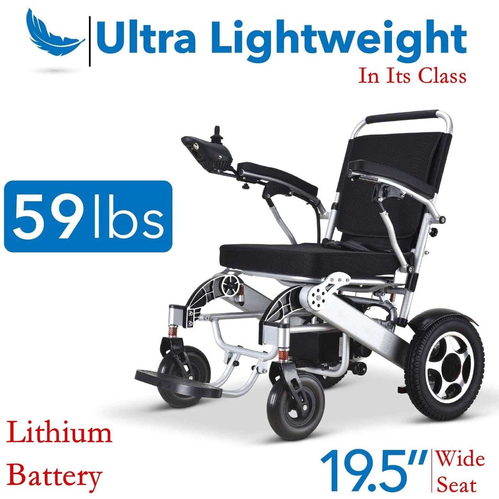 Silla de ruedas eléctrica ligera y plegable, silla de movilidad portátil con motores duales de 250 W y batería dual