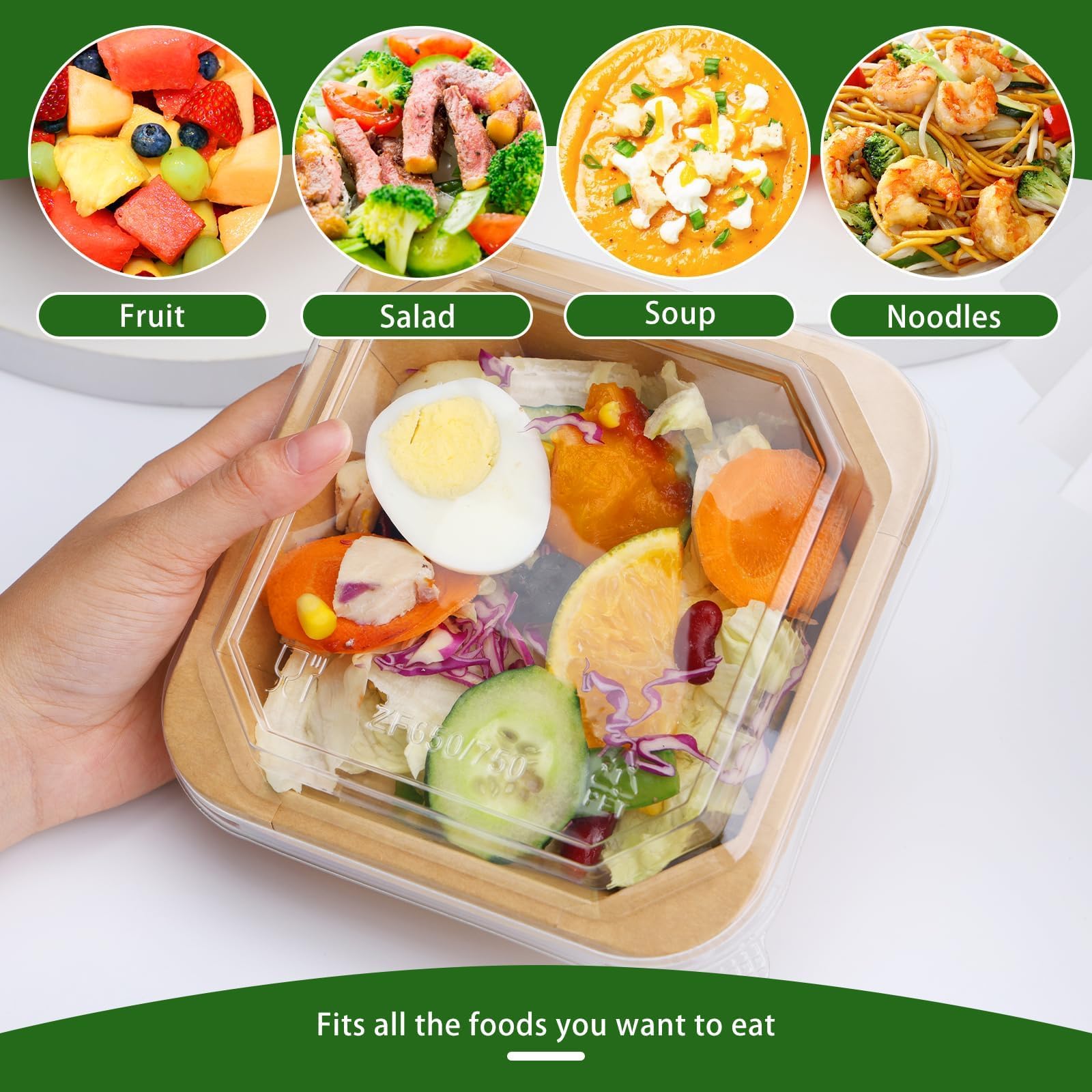 Paquete de 50 recipientes desechables de papel para ensalada de 25 onzas, recipientes desechables octogonales con tapas transparentes, cuencos de ensalada de papel con tapa adecuados para ensalada de
