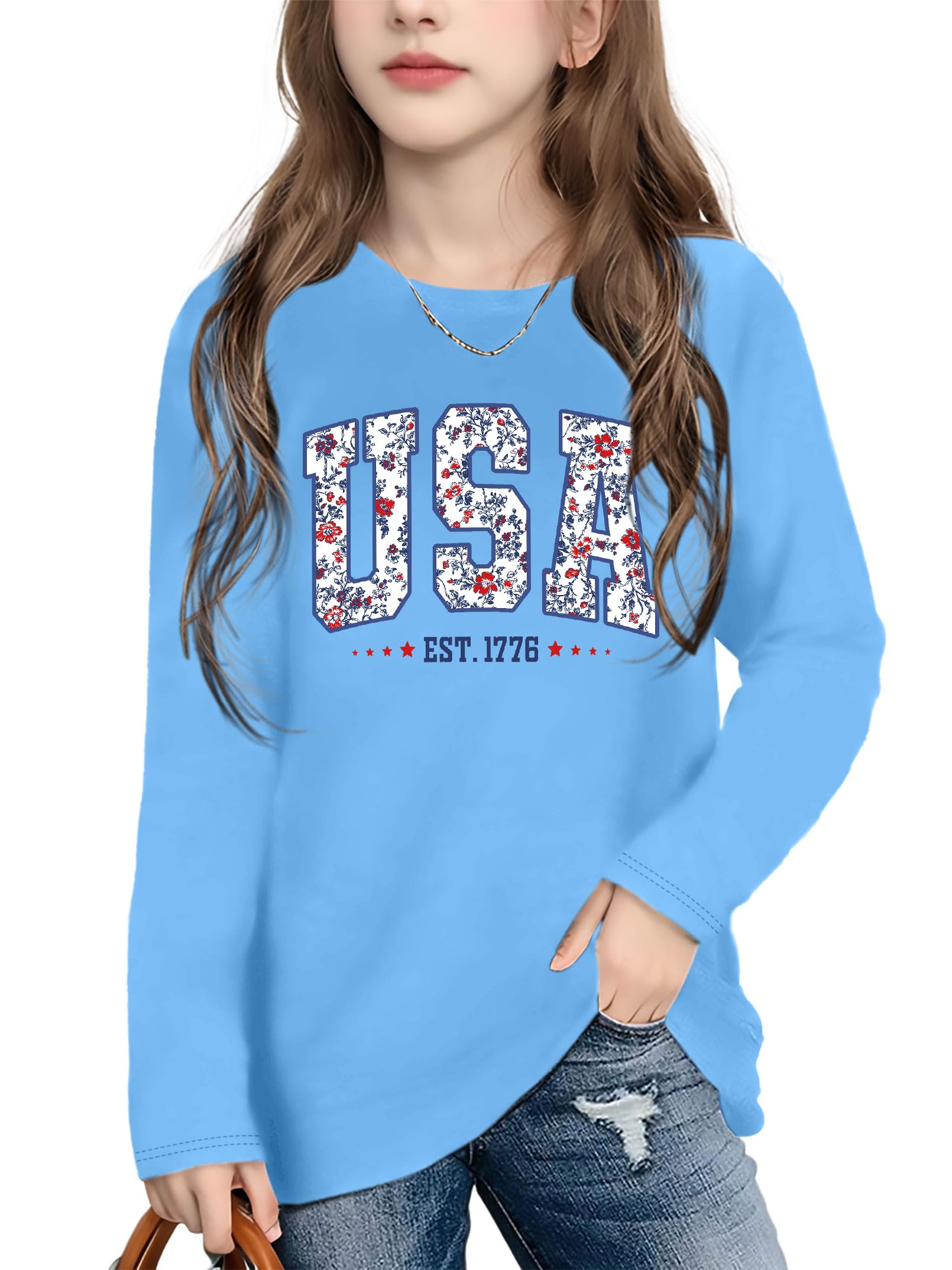 Ithalt 4th of July Outfit Kids Girls American T Shirt USA T-Shirt Fourth of July Tops Patriotic Long Sleeve Tops