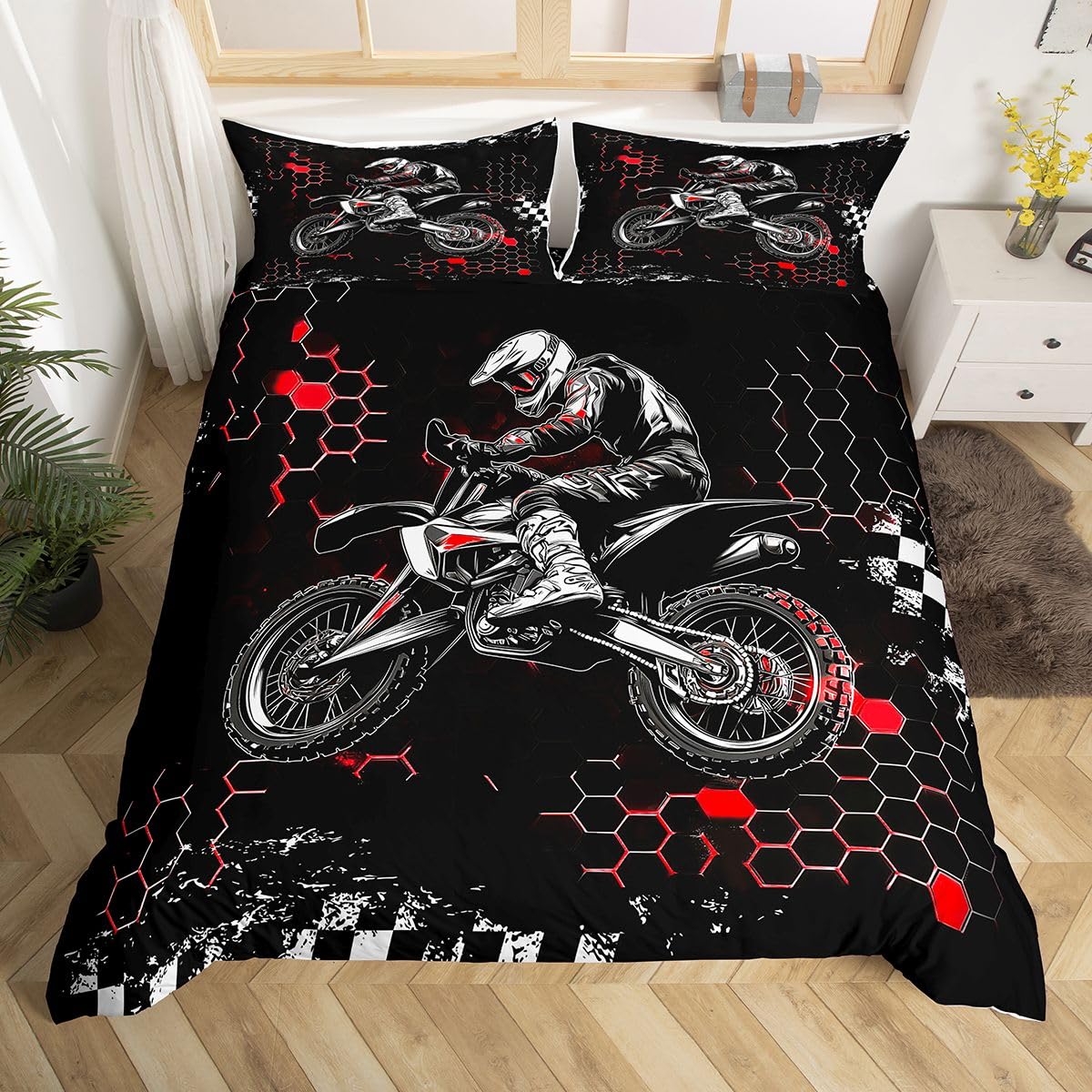 Housse de couette moto rouge avec 2 taies d'oreiller pour lit double enfant