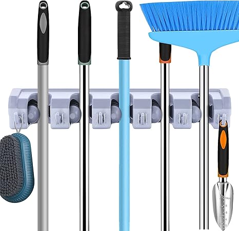 TETRIX Mop Holder and Broom Holder 5 Slot Position with 6 Hooks Garage Holder Wall Mounted Unbreakable Hanging Utility, Mop Broom Cleaning Tool Holder (Grey Color)
