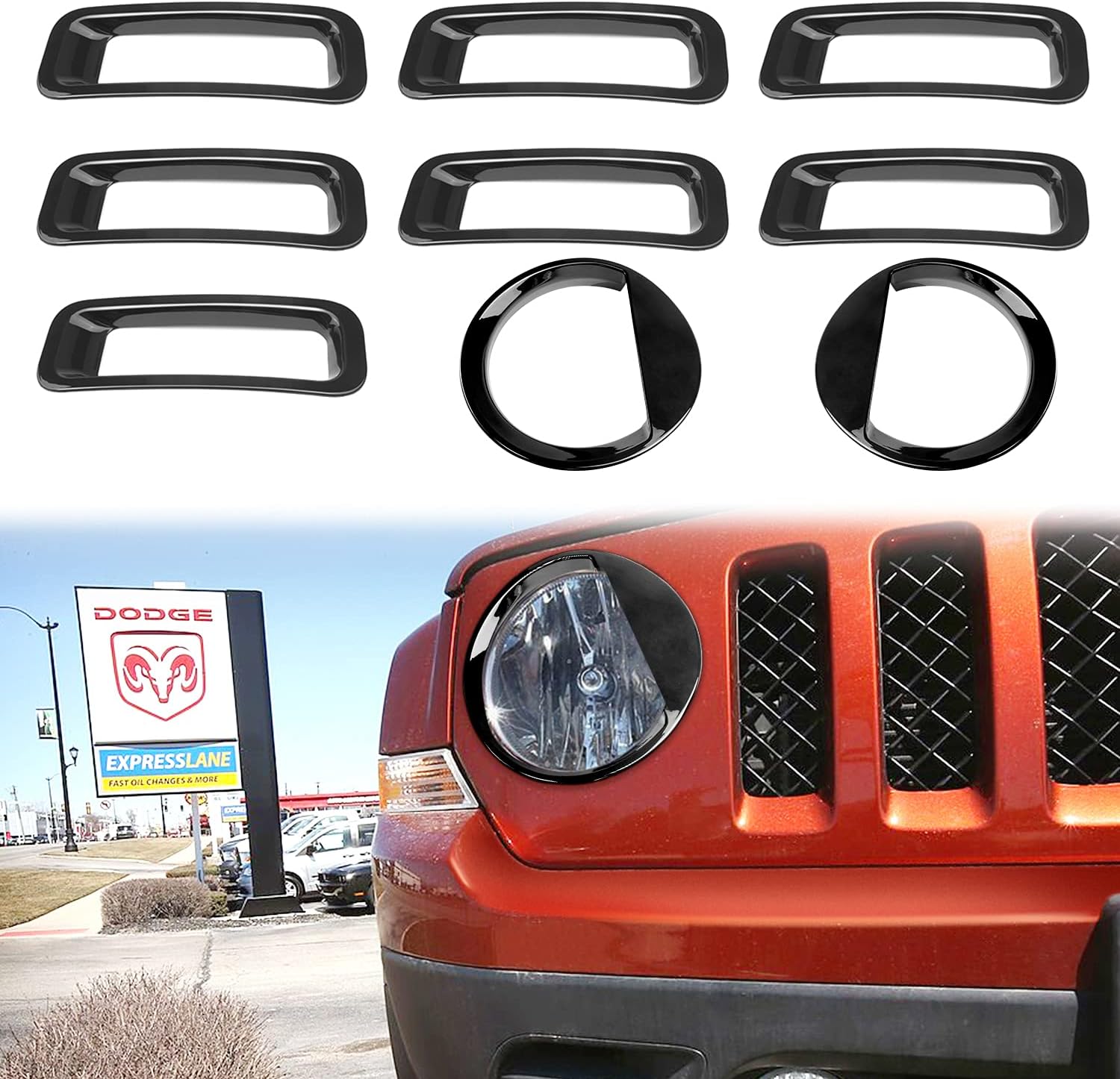 AVOMAR Front Grille Grill Mesh Grille Insert Kit + Angry Bird Style Headlight Lamp Cover Trim Compatible For Jeep Patriot 2011-2016 (Black Front Grill Mesh + Angry Bird Headlight Cover-3)