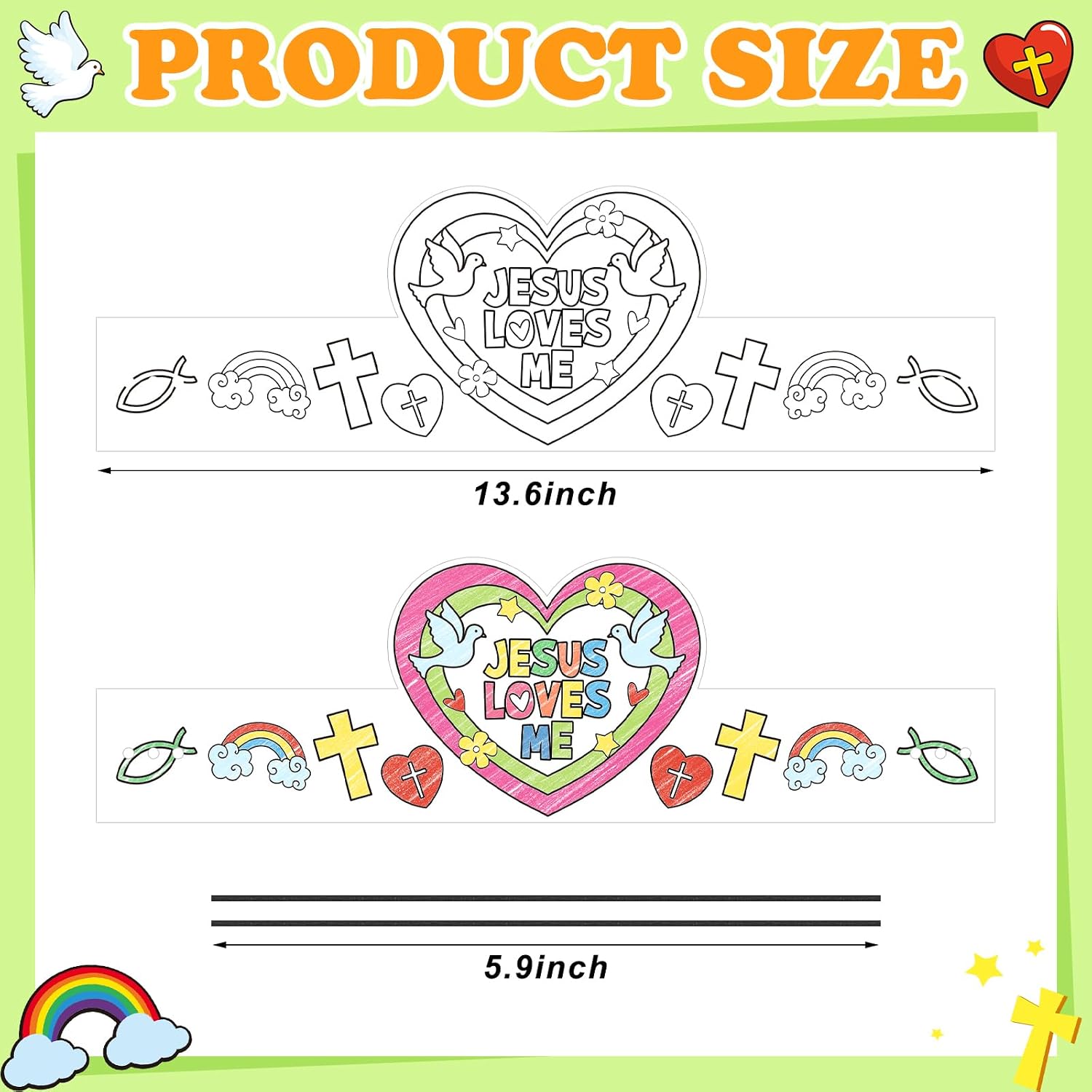 Engrowtic 24 Sets Religious Crown Crafts Color Your Own Jesus Loves Me Crown Adjustable Cross Heart Paper Hat Christian Coloring Craft for VBS DIY Activities
