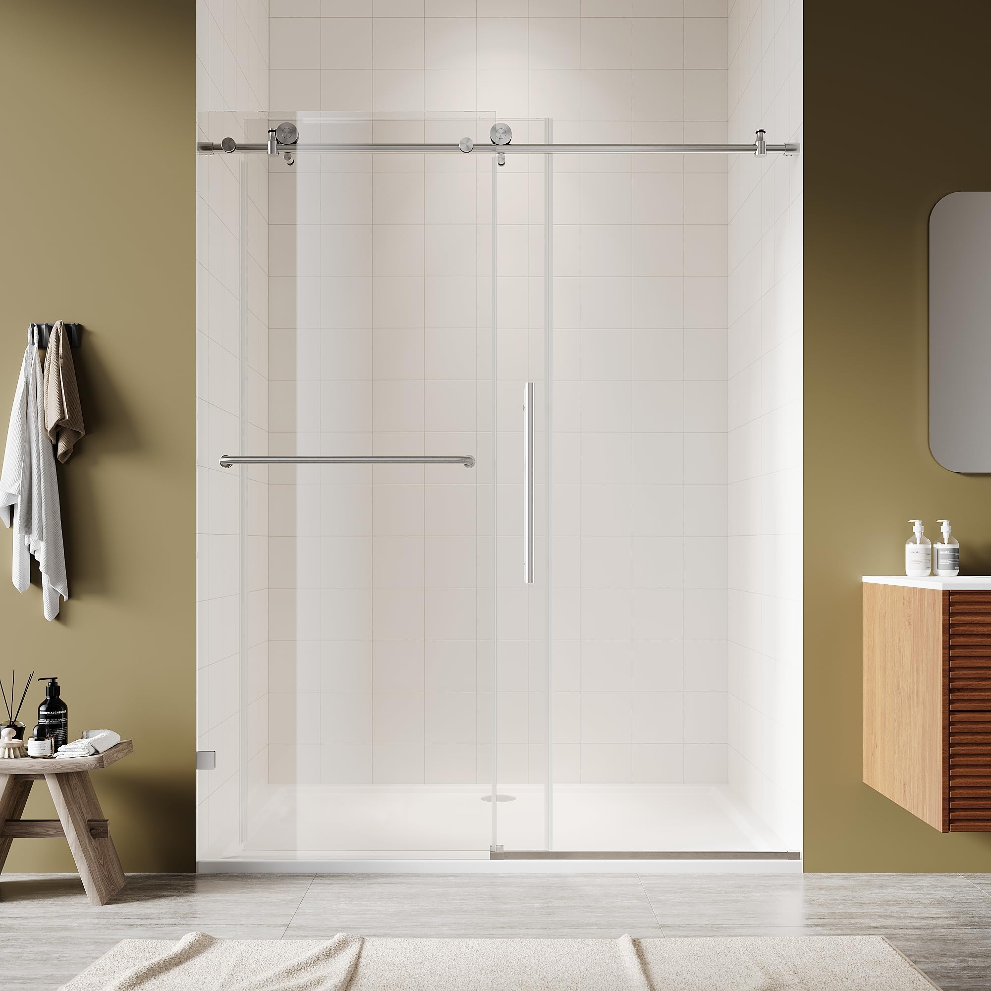 56-60" W x 72" H Frameless Shower Door, Sliding Glass Shower Door with 5/16"(8mm) Clear SGCC Tempered Glass, Bathroom Doors for Walk in Shower Silent Soft-Close Design, Brushed Nickel