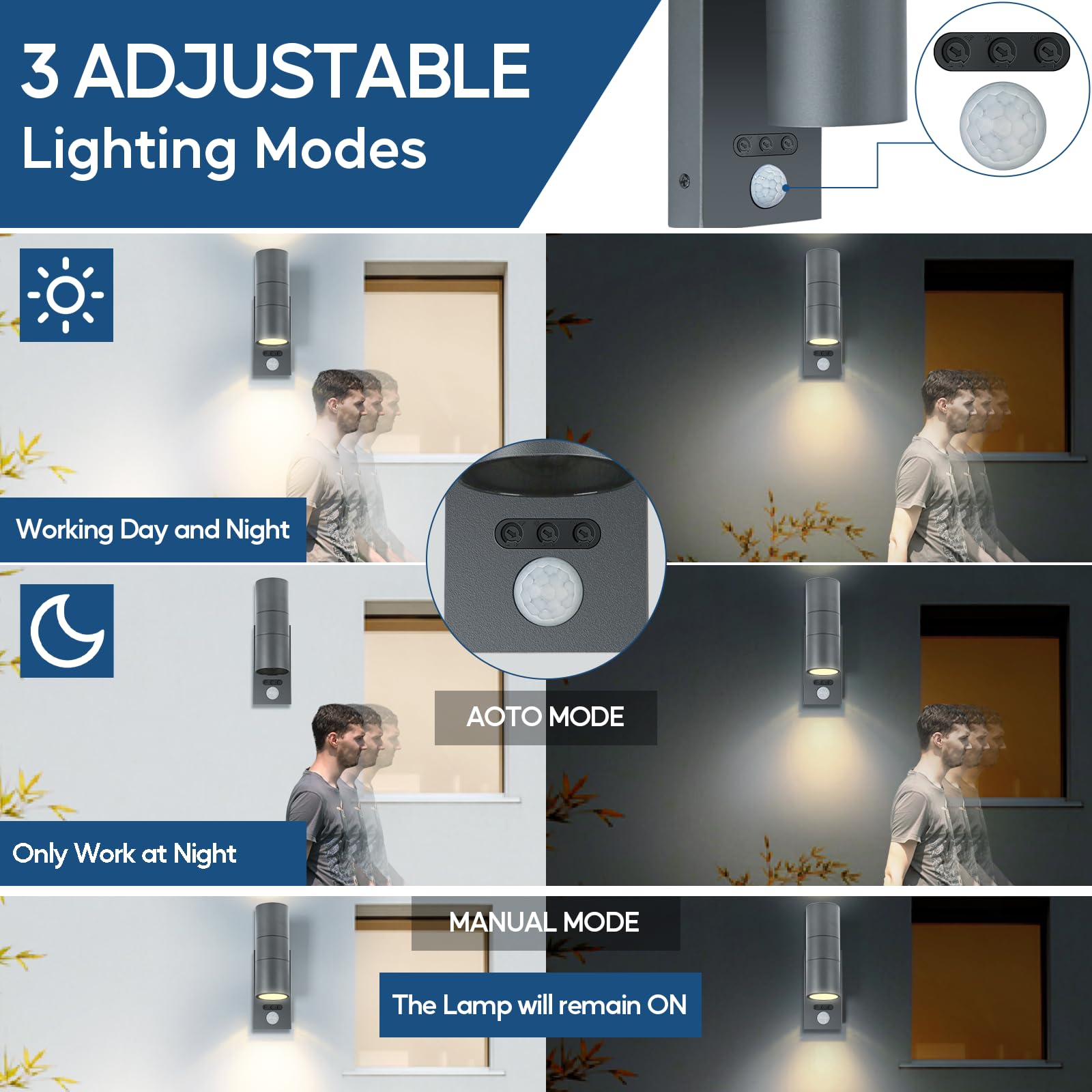 Kerry Outside Wall Lights with Sensor, IP65 Waterproof Up Down Outdoor Lighting, External Pir Wall Mount Security Light - Image 4