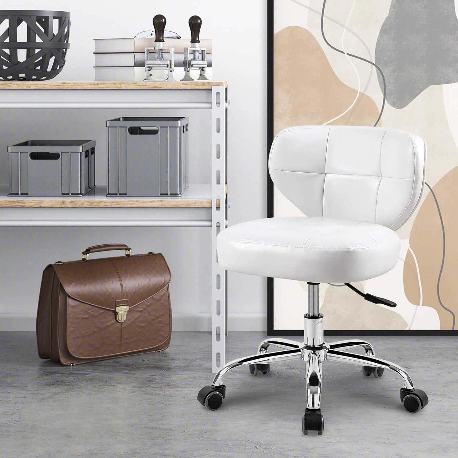Paddie Pedicure Stool for Nail Tech, Hydraulic Salon Spa Stool Back Support Short Height Adjustable Swivel Chair, Massage/Tattoo/Esthetician/Shop/Medical, White