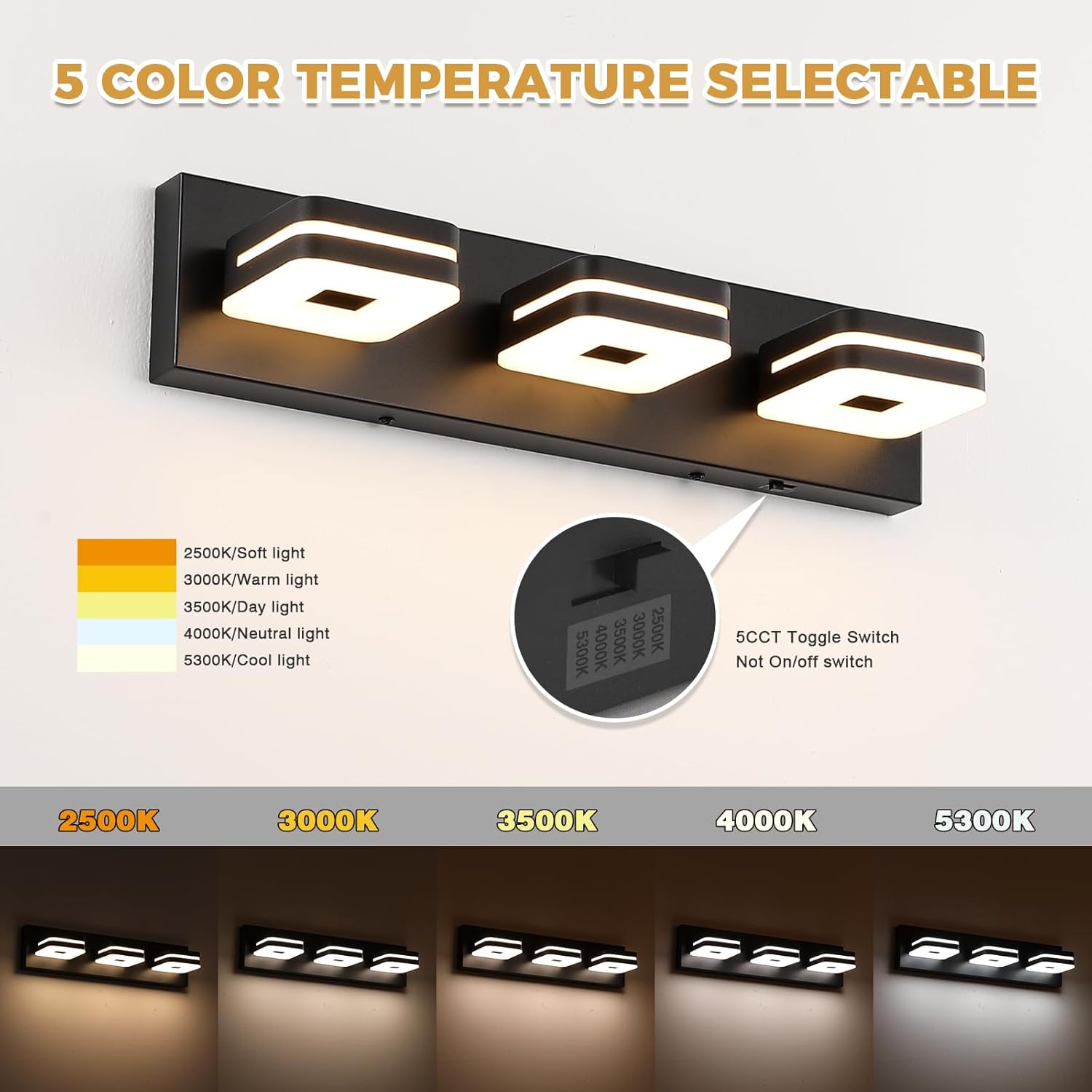 Modern Bathroom Vanity Lights, 3-Light Dimmable LED Wall Sconce, Matte Black Vanity Light for Mirror, 5CCT Adjustable Vintage Bathroom Lighting Fixtures Over Sink