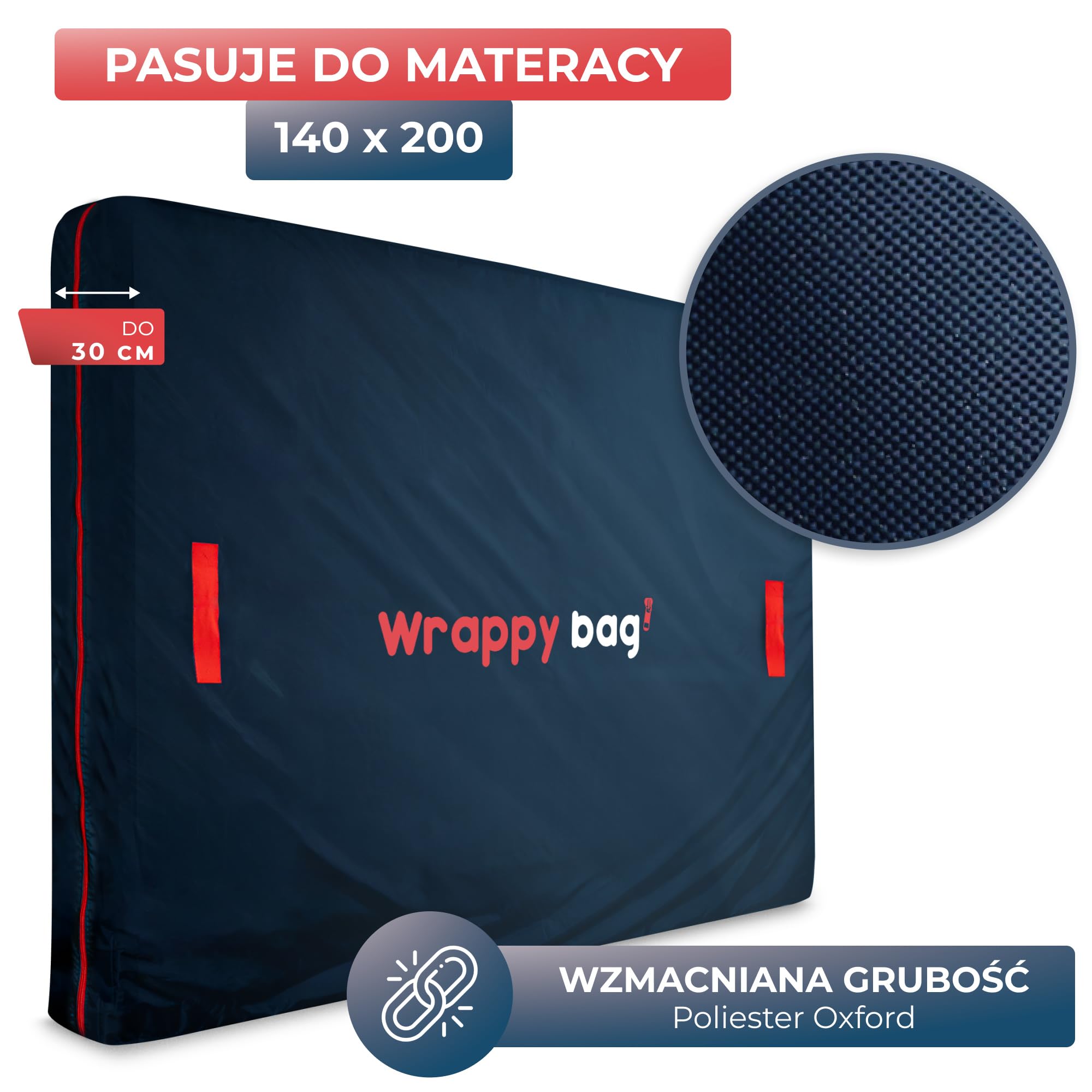 WRAPPYBAG – Pokrowiec Ochronny z Poliestru Oxford na Materac – Torba do Przechowywania z 4 Uchwytami Transportowymi – do Przeprowadzki, Magazynowania i Transportu - 140 x 200 cm