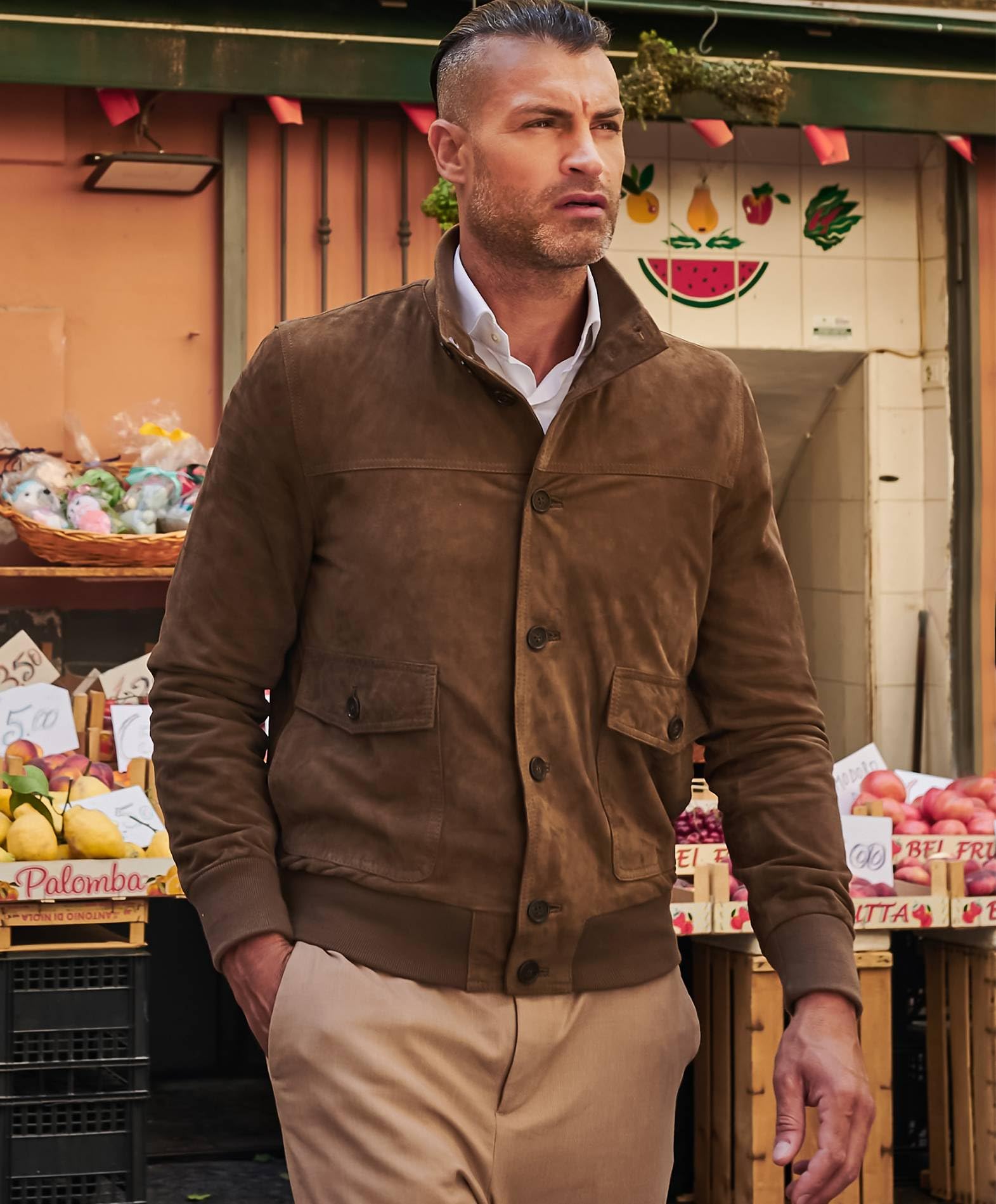 D'Arienzo Bomber in Pelle Uomo Beige Renna Giubbino Vera Pelle Alex Bottoni