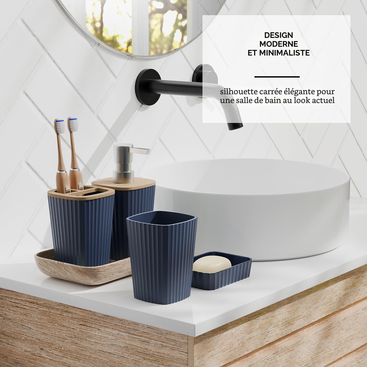 Clara Clark Ensemble d'accessoires de Salle de Bain 6 pièces avec Brosse WC, Poubelle et Distributeur de Savon Bleu Marine