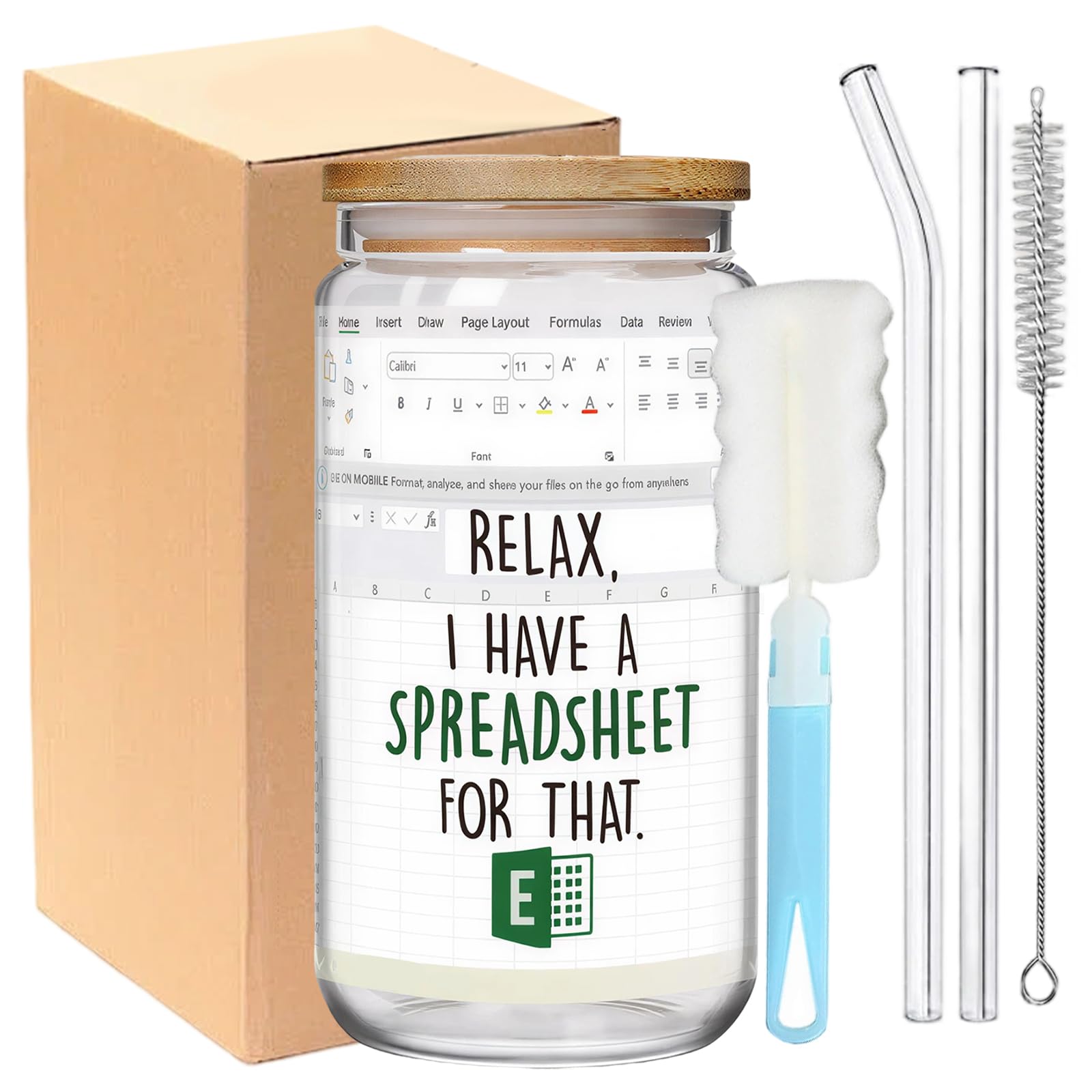 Aurelx Excel Gifts Glass Cups with Lids and Straws, Relax I Have a Spreadsheet for that Iced Coffee Glass, Accountant Gifts for Coworkers Boss, Ice Coffee Cups with Lids for Hot and Cold Beverages