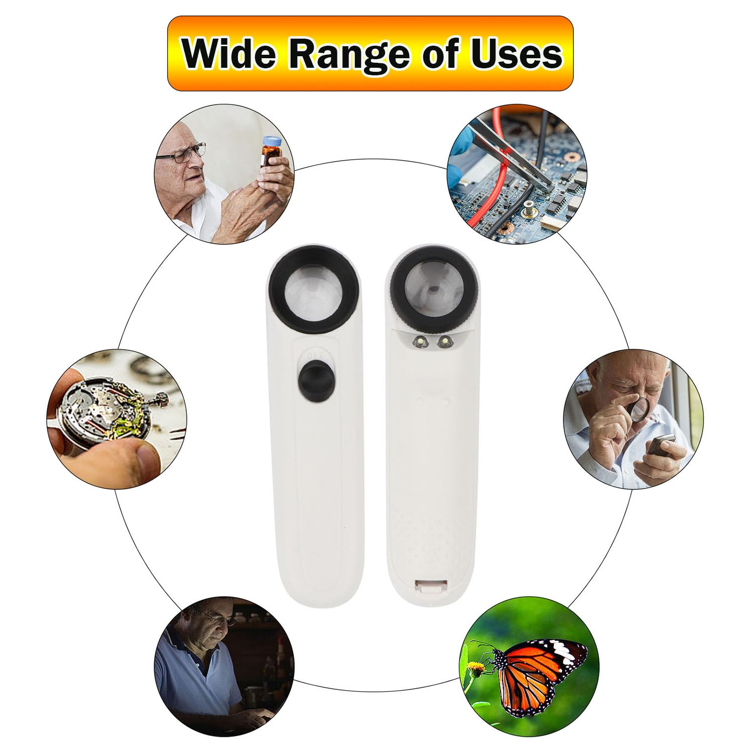 Lupa de mano de 40 aumentos de alta potencia iluminada de mano con lupa para joyería de ojos con 2 luces LED y funda de cuero para leer mapas, joyería, herramienta de reparación de relojes