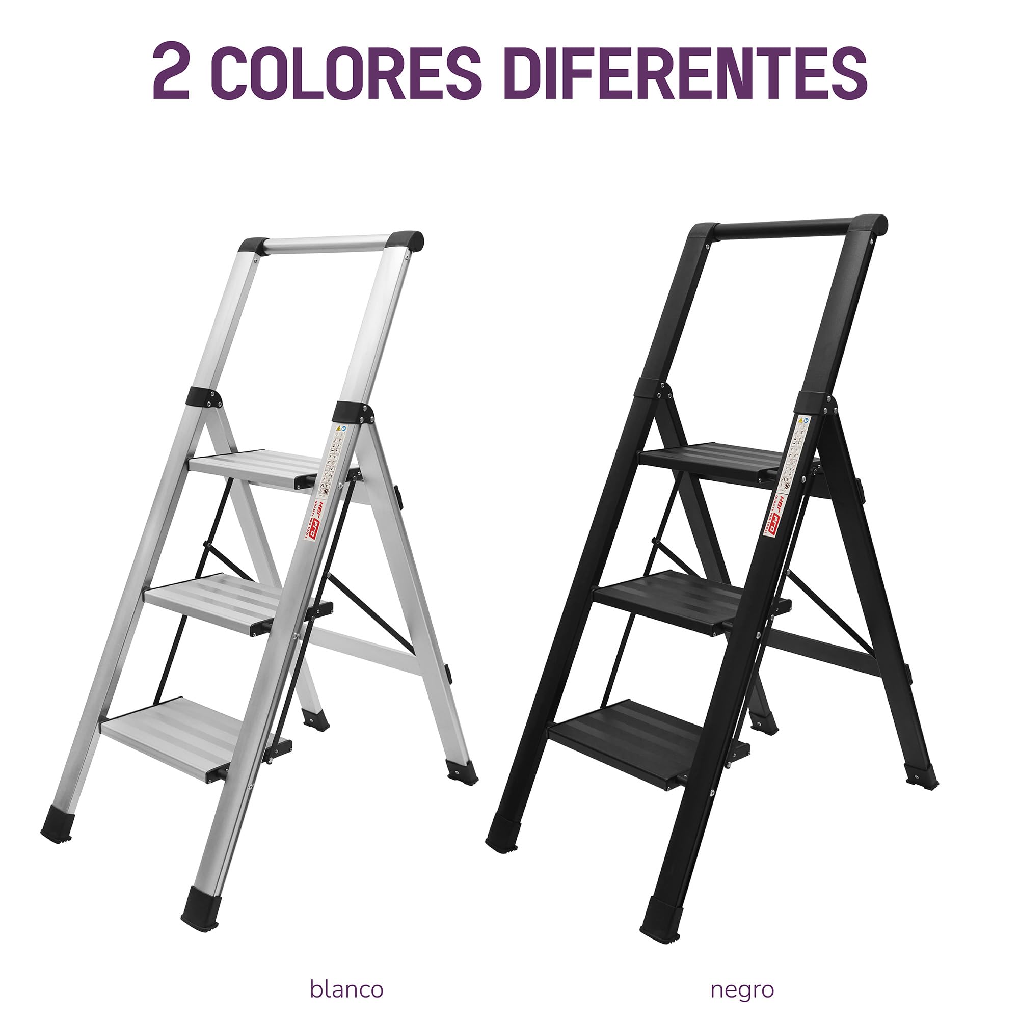 Escaleras Plegables Alumino, Escalera de Aluminio Plana Plegable y con peldaño Ancho, Ligera, Robusta y Resistente. Normativa EN-131, hasta 150kgs (Negro, 3 Peldaños)
